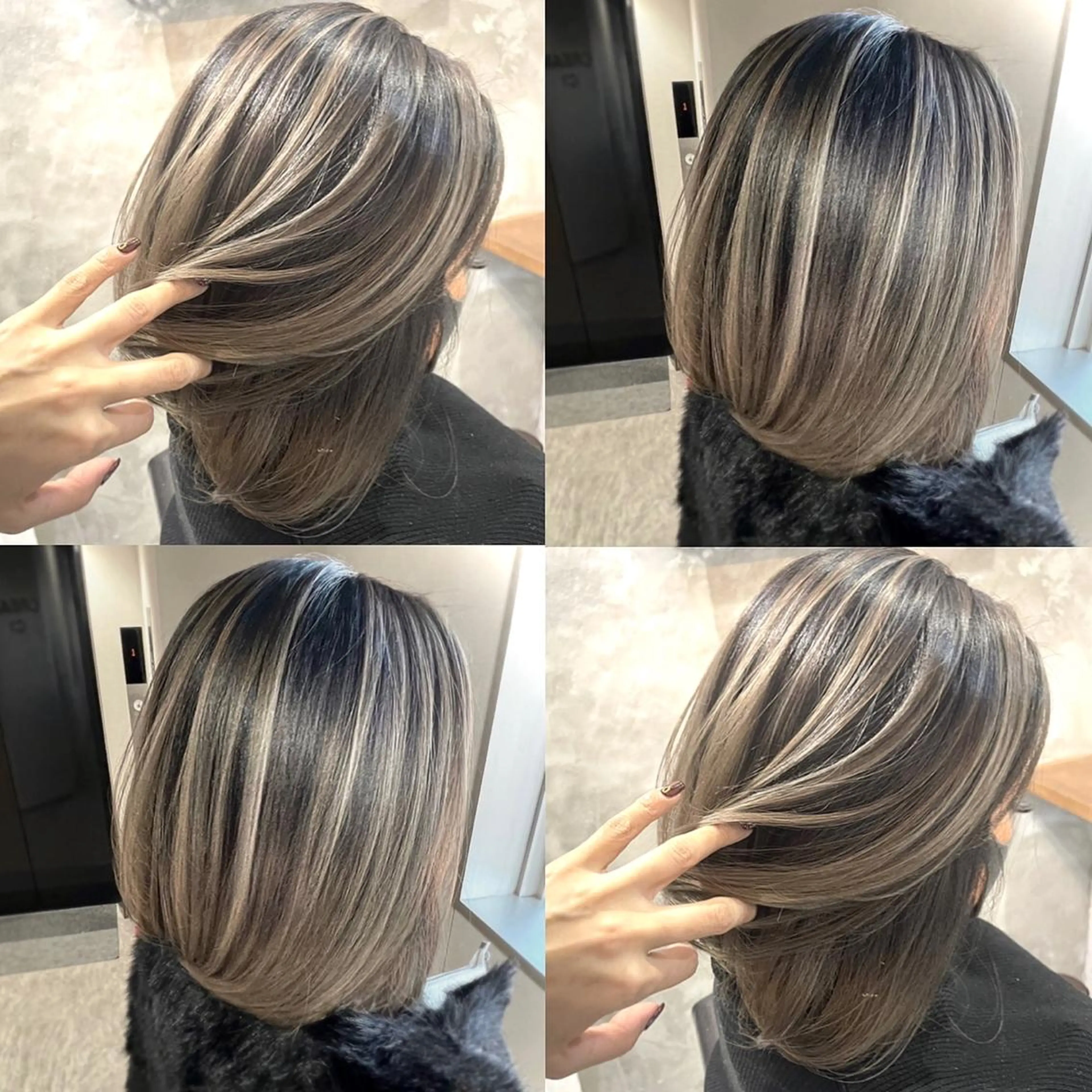 ショート カラー 前下がりボブ バレイヤージュ ハイライトカラー ボブ ハイライト 松井那津子 /ハイライトブリーチのヘアスタイル