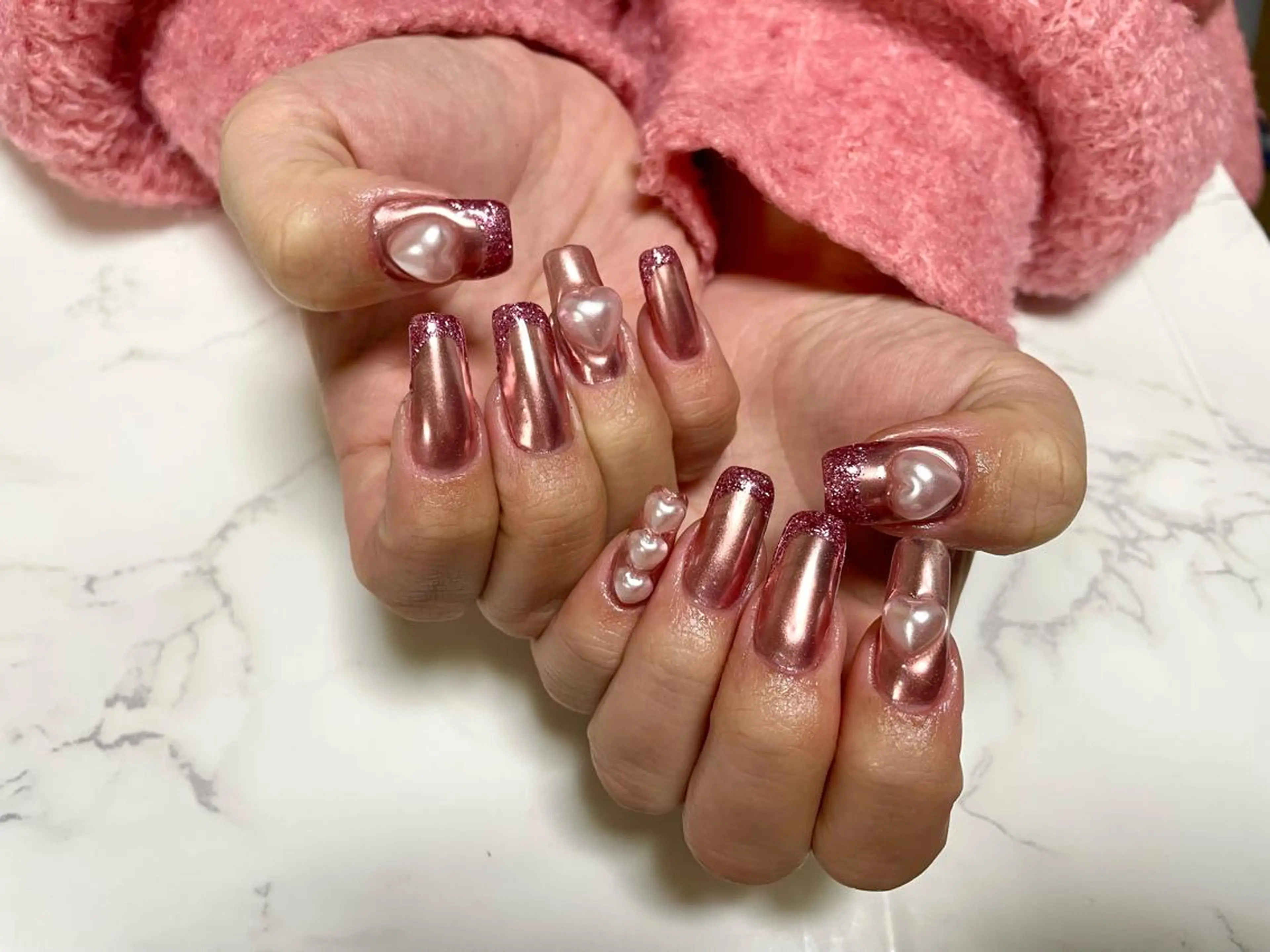 ネイル フレンチネイル ハート ラメ(グリッター) ミラーネイル ピンク ハンドネイル PｰPOP所属・青木 ひろえのネイルデザイン
