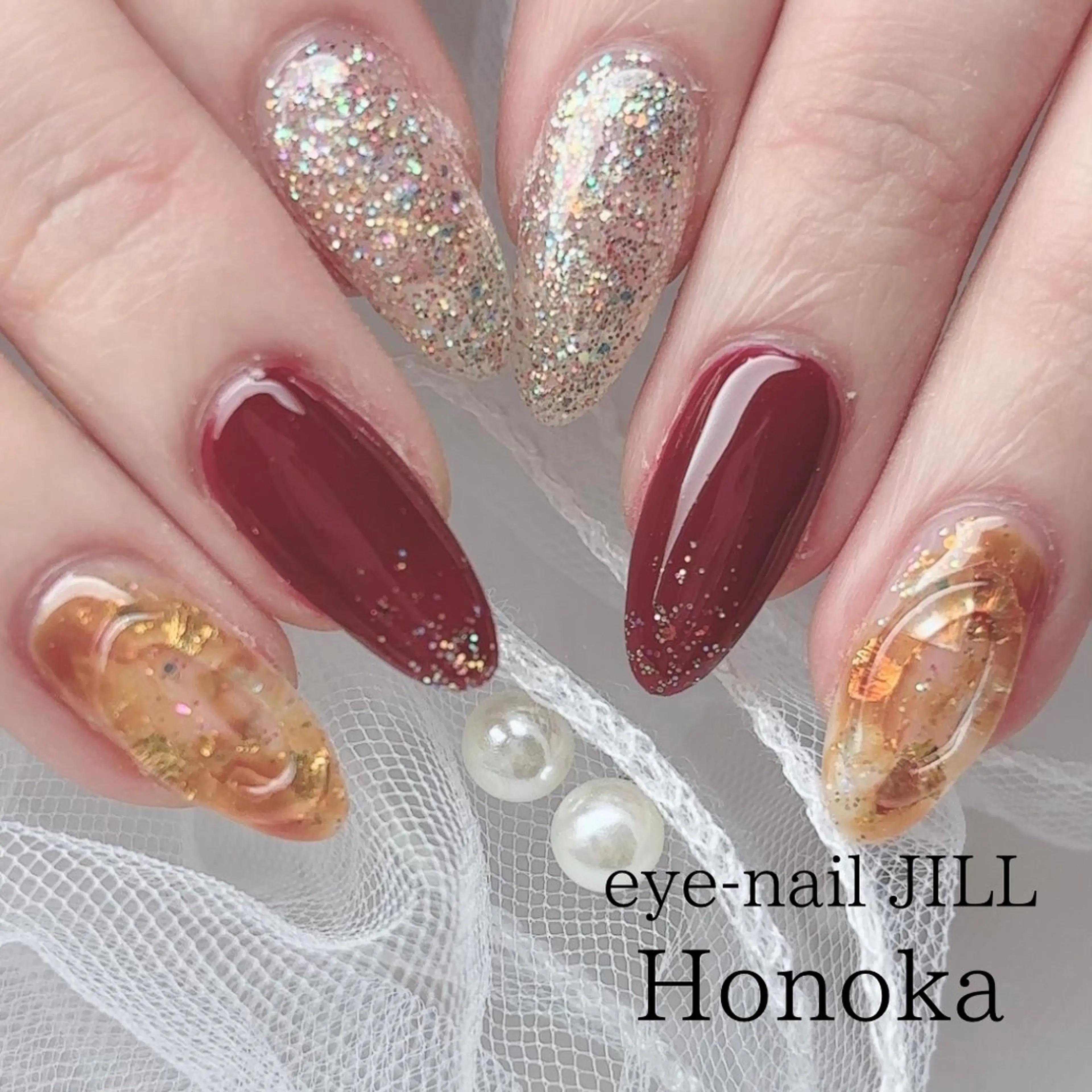 ネイル べっ甲ネイル ボルドー ニュアンスネイル ハンドネイル JILL Honokaのネイルデザイン