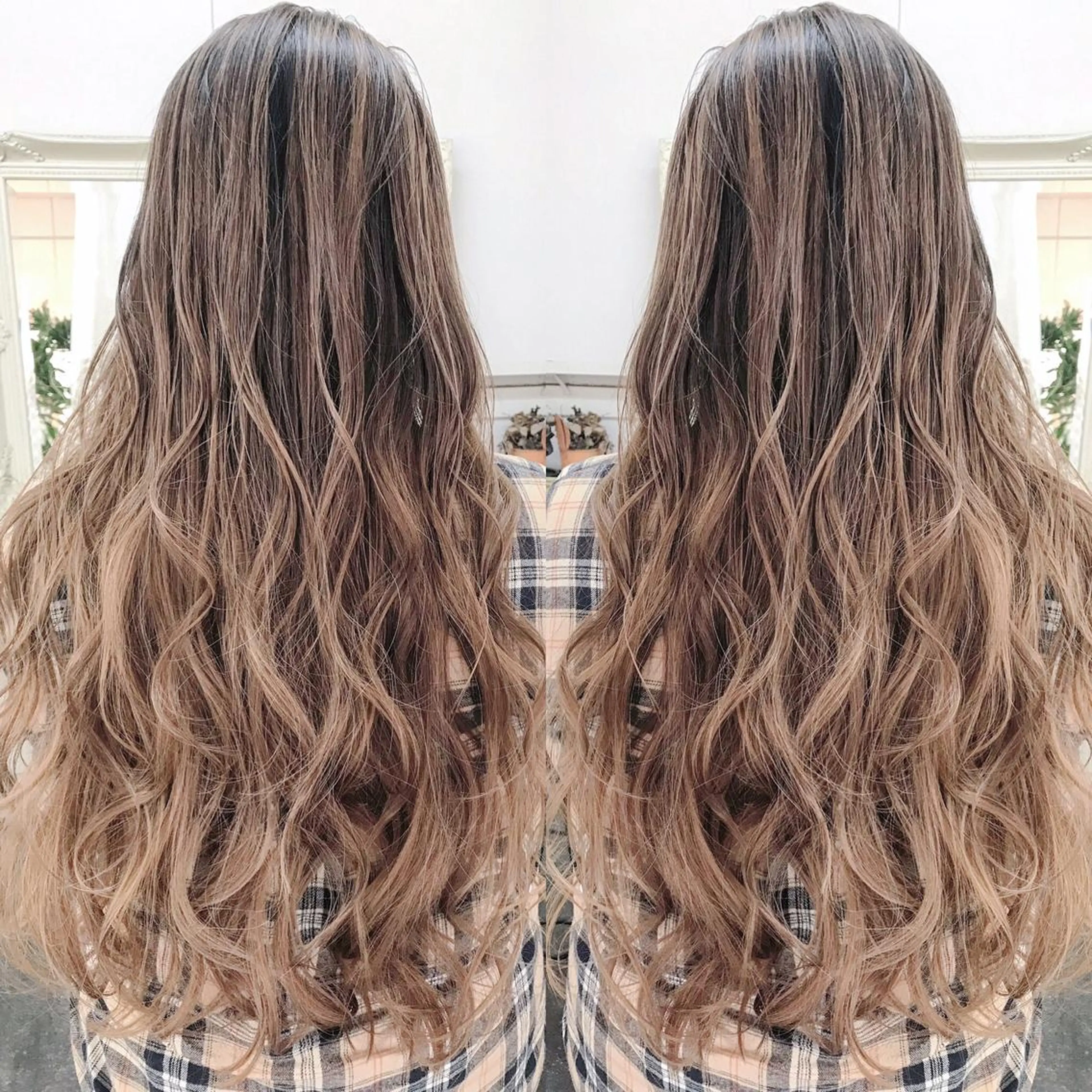 ロング カラー ヘアアレンジ お団子ヘア 結婚式・ブライダル 切りっぱなしボブ バレイヤージュ デザインカラー Mariana/ 鶴原-ハイライトのヘアスタイル