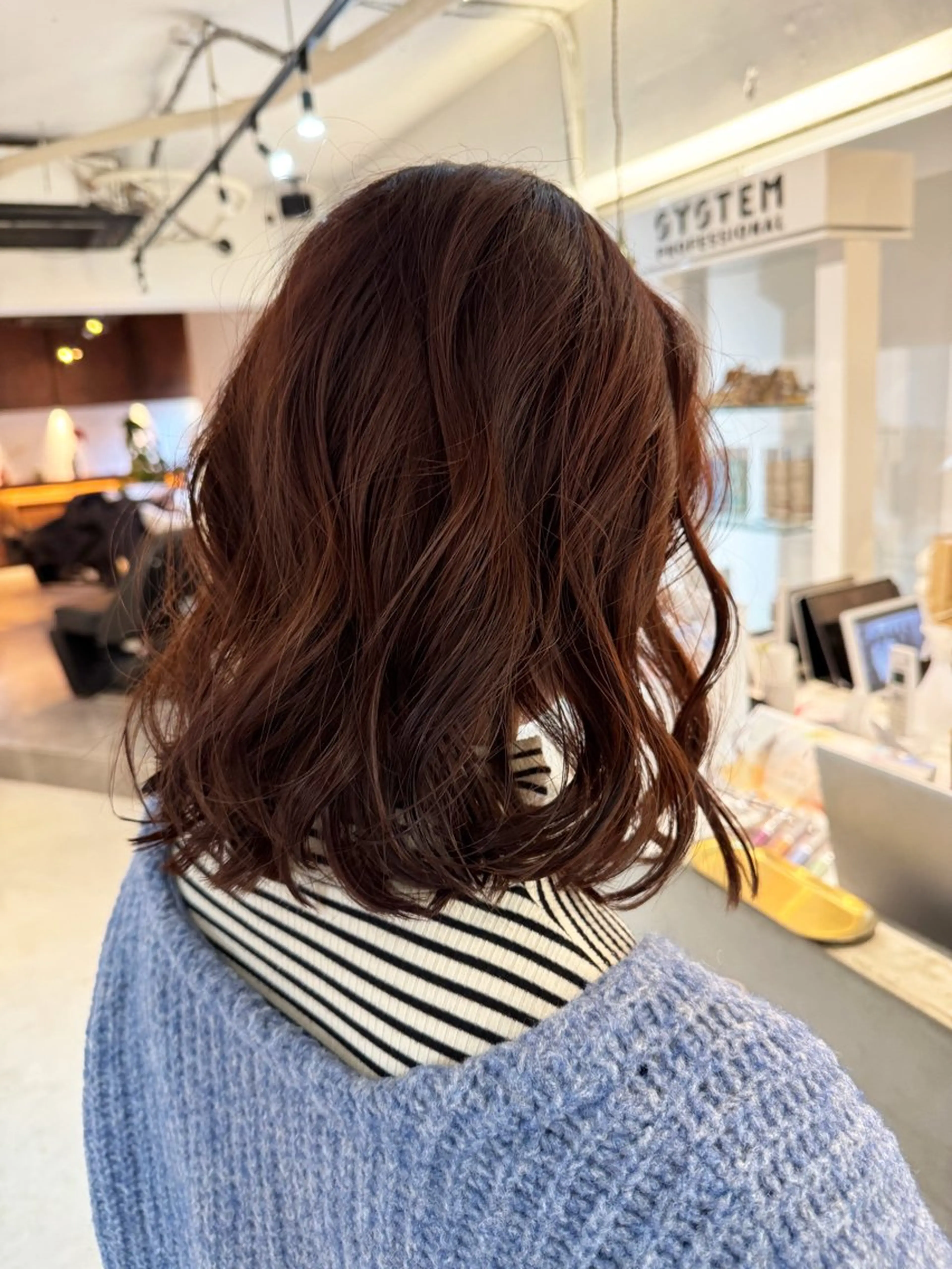 ミディアム カラー パーマ オレンジピンク ボブ カット ヘアカラー ボブウルフ／ボブ Satsuki【名駅のヘアスタイル