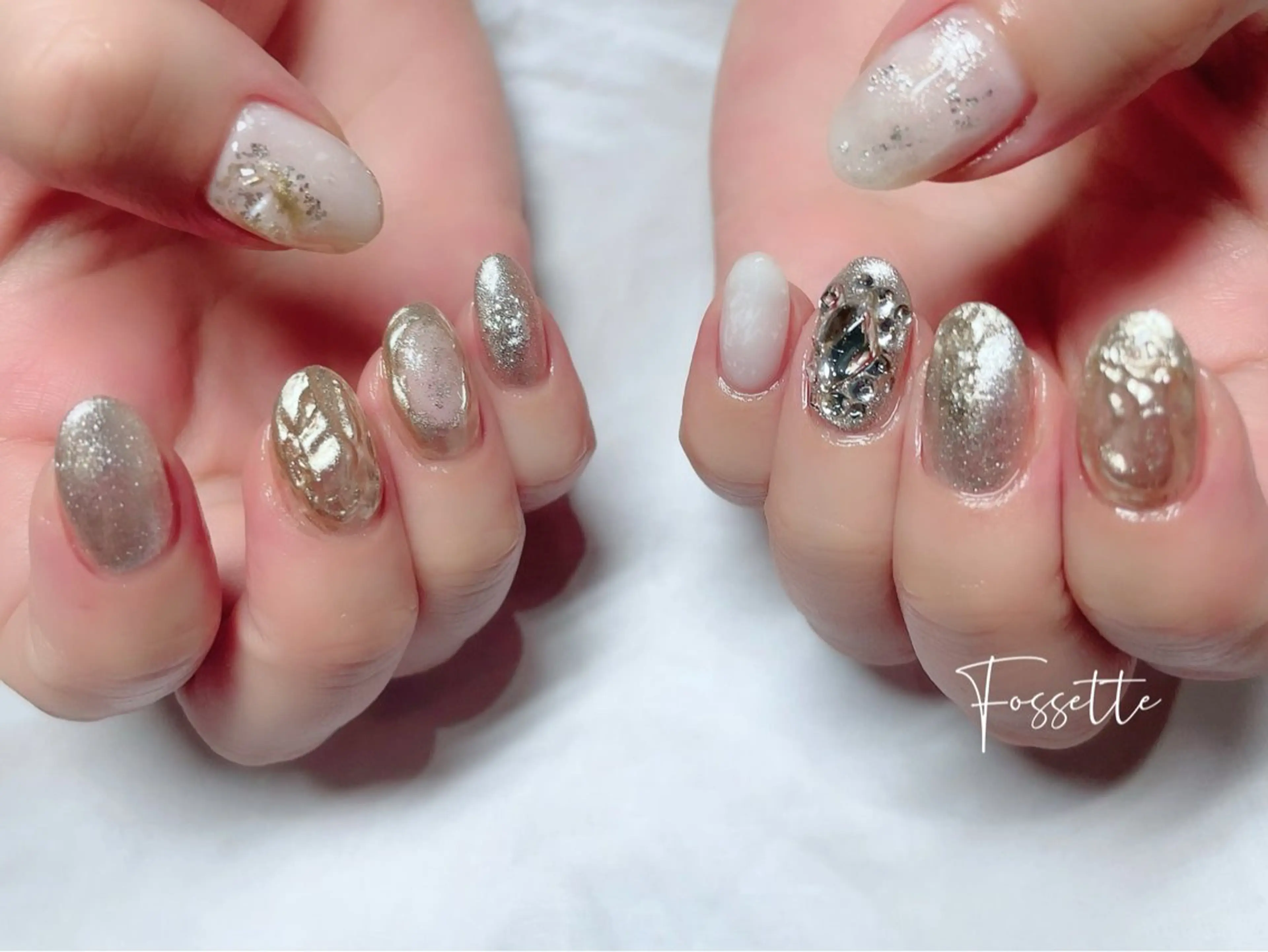 ネイル キラキラネイル ミラーネイル ニュアンスネイル ブライダルネイル nailsalon Fossetteのネイルデザイン