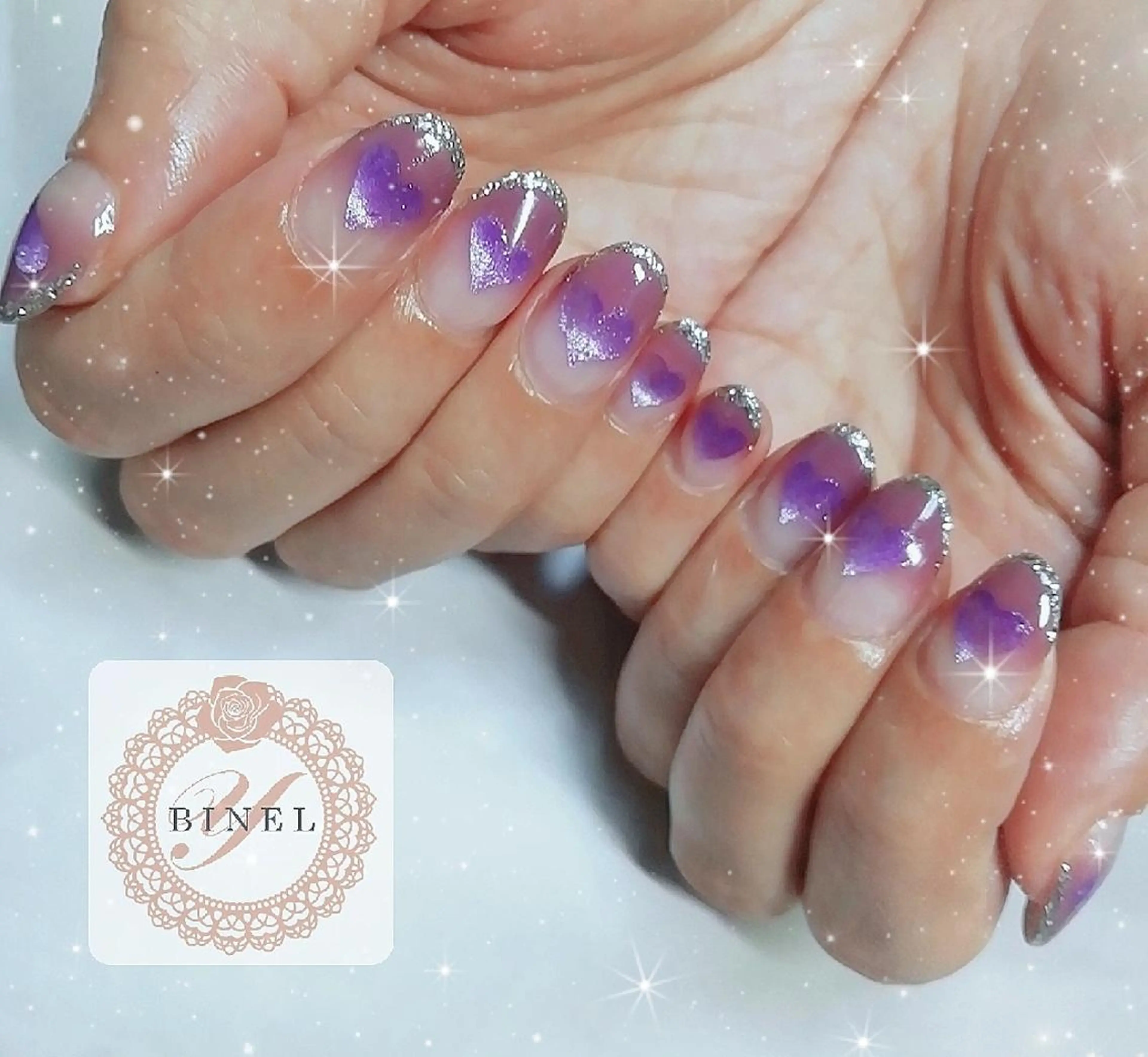 ネイル アートネイル フレンチネイル グラデーション ハート ラメ(グリッター) ハンドネイル Nail Salon Y.BINELのネイルデザイン