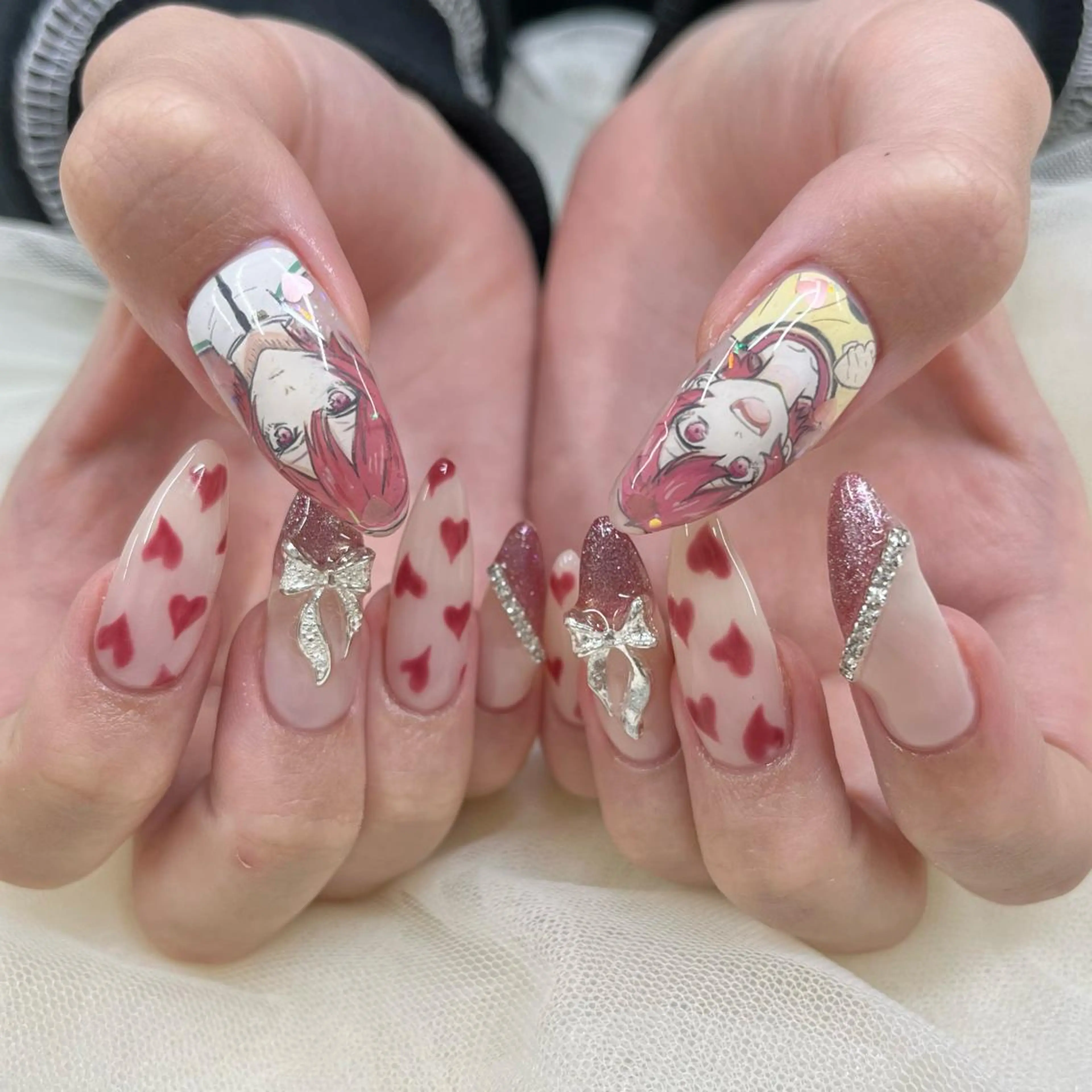 ロング ネイル リボン ハンドネイル 池袋痛ネイル Nok. 渡辺のネイルデザイン