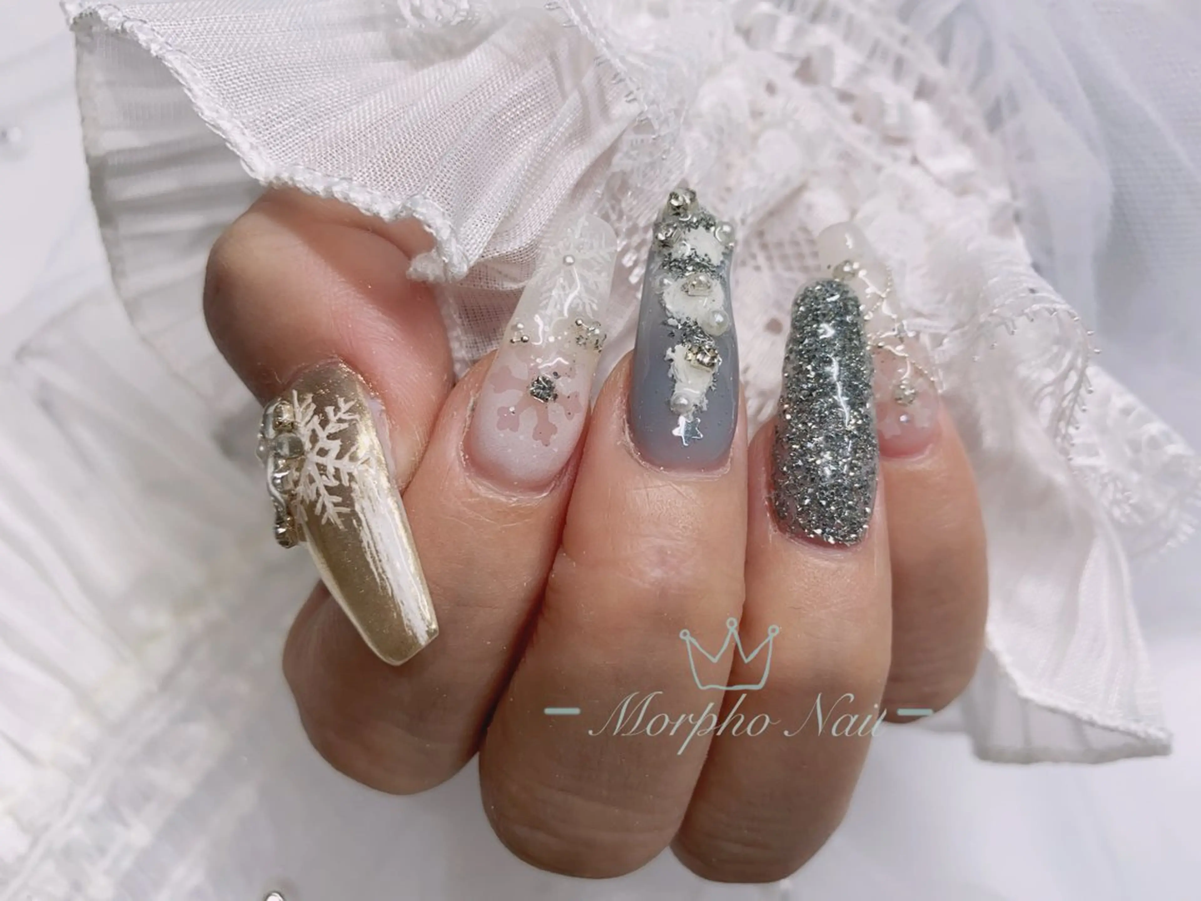ネイル 長さ出し ジェルネイル キラキラネイル 大理石ネイル(マーブル) ニュアンスネイル Morpho nailのネイルデザイン