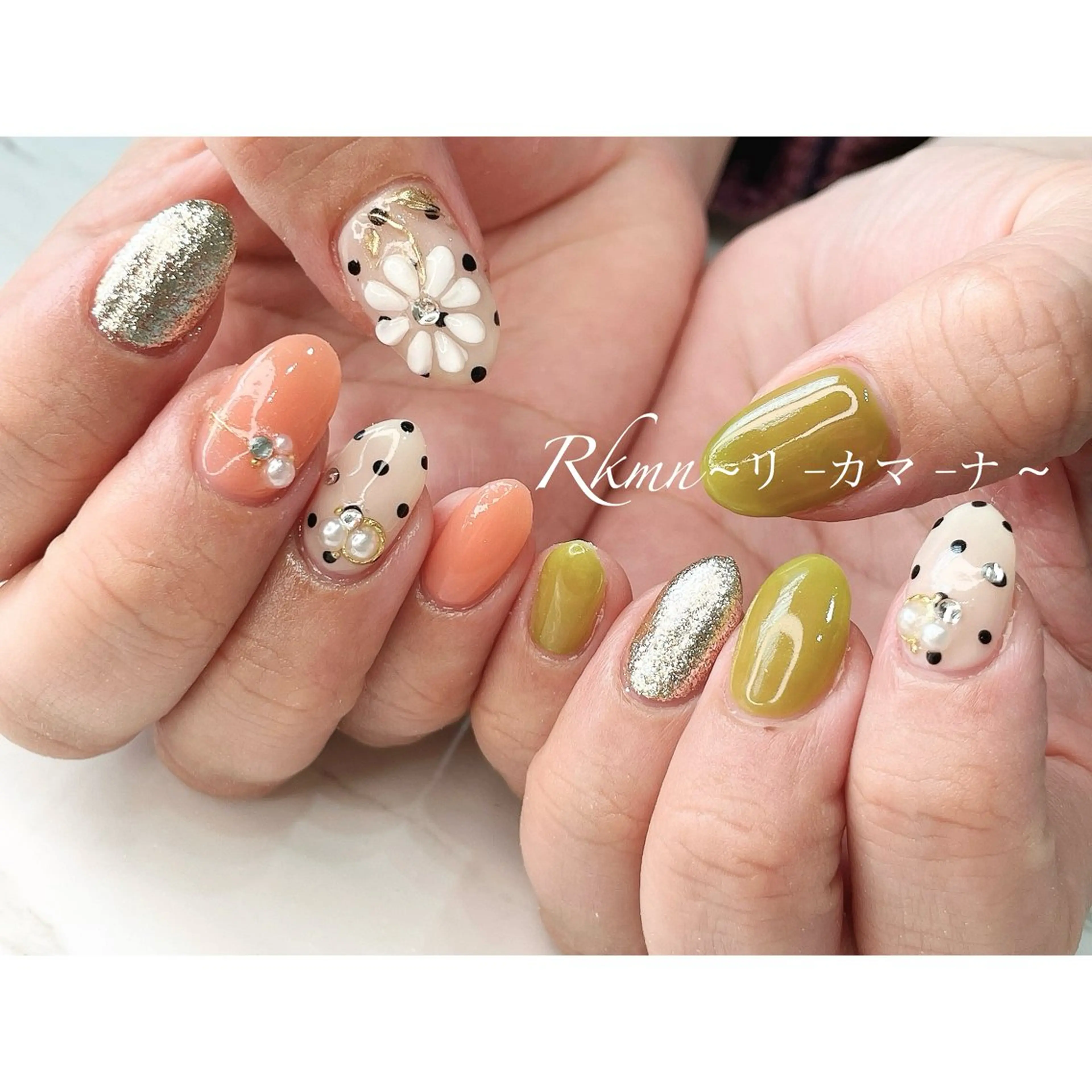 ネイル アートネイル ドット フラワーネイル ぷっくりネイル 春ネイル ハンドネイル フットネイル ハンドケア Rkmn ~リ-カマ-ナ~のネイルデザイン