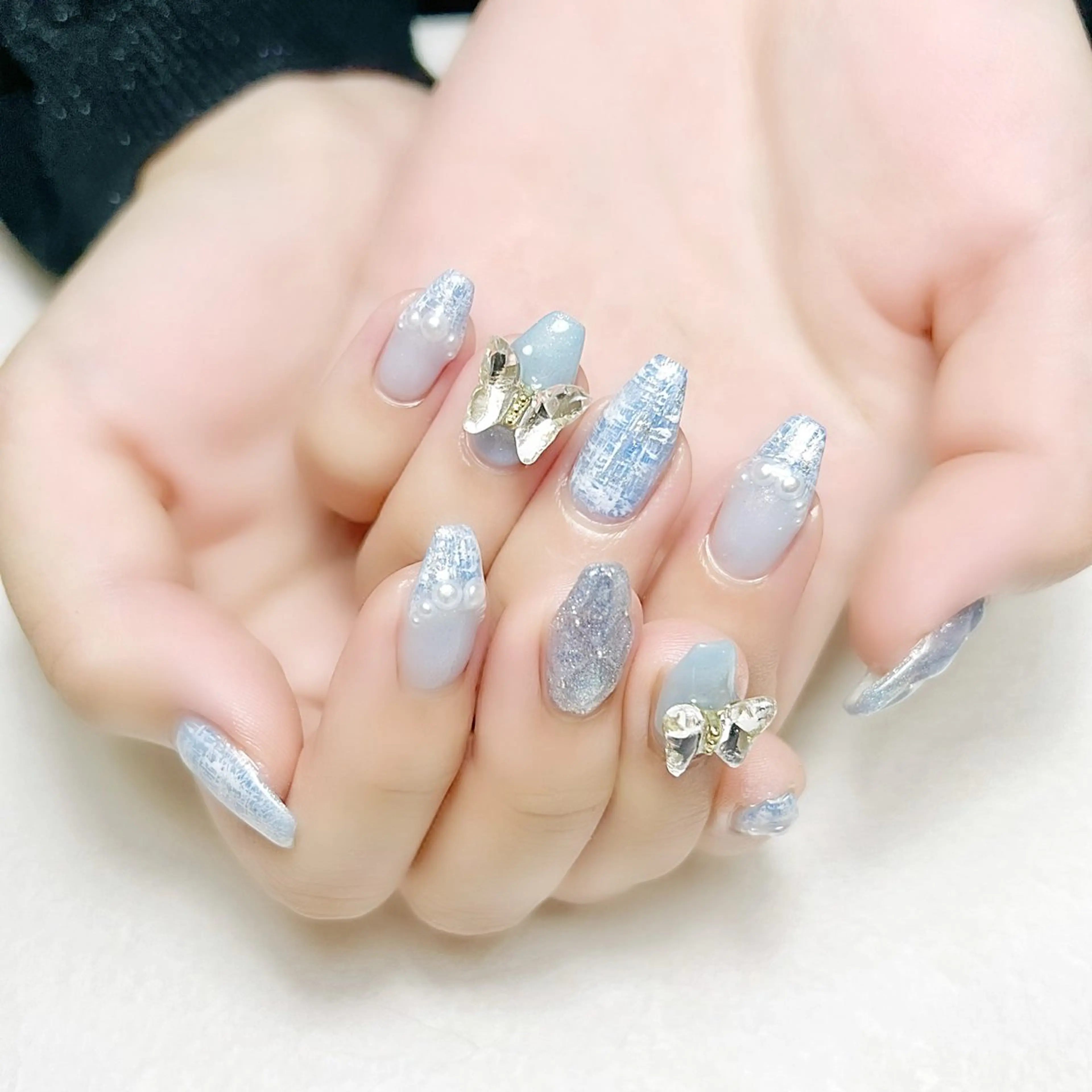 ネイル ブルー ハート マグネットネイル ツイードネイル ワンホンネイル rouse nail RISATOのネイルデザイン