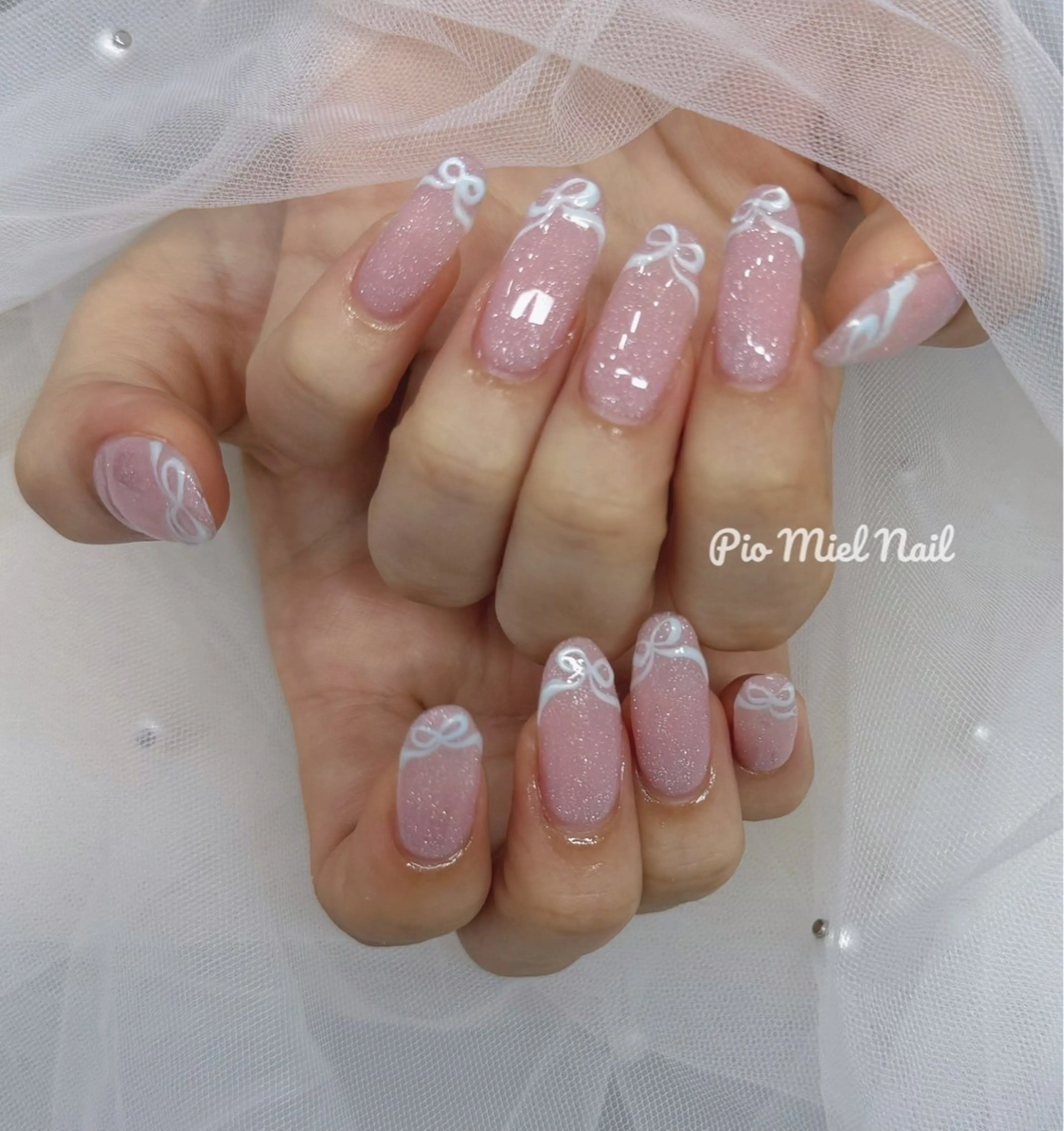 ネイル フレンチネイル ピンク リボン ハンドネイル HANA 長さだしのネイルデザイン