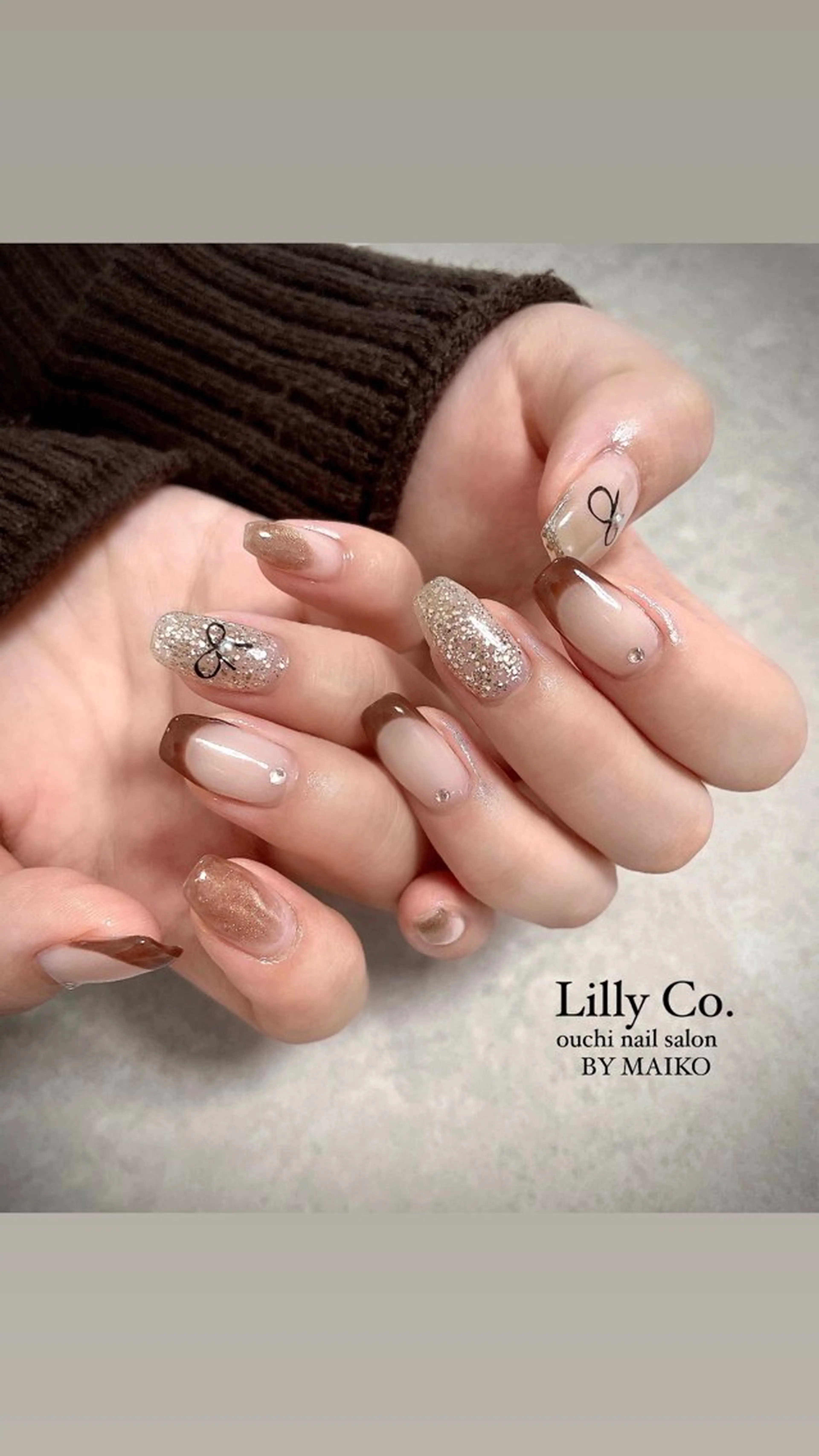 ネイル ブラウン ガーリー リボン ハンドネイル ハンドケア Lilly Co.のネイルデザイン