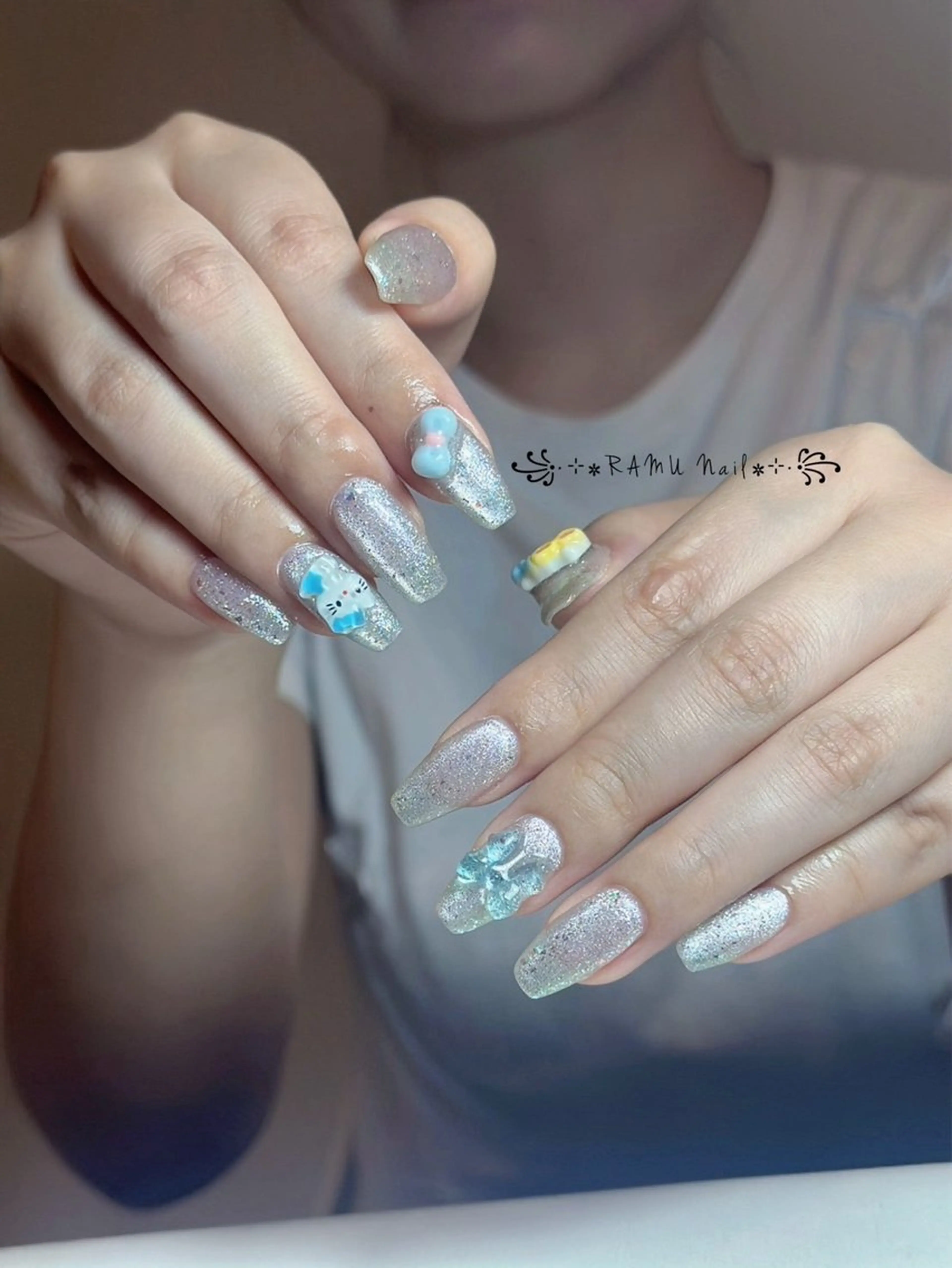 ネイル キラキラネイル マグネットネイル ミラーネイル ピンク 夏ネイル ハンドネイル RAMU Nail 恵比寿店のネイルデザイン