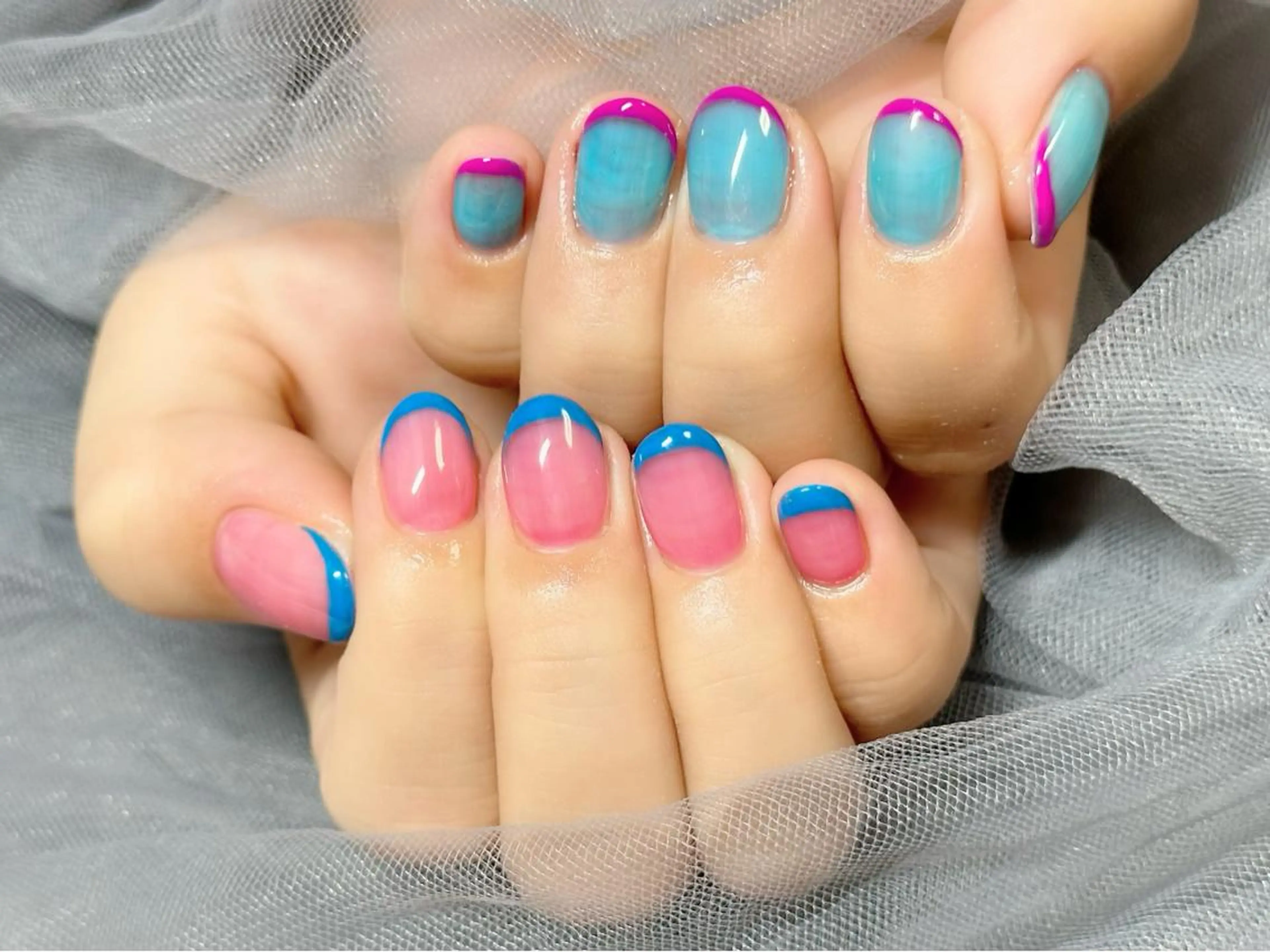 ネイル ブルー フレンチネイル 水色 ピンク ハンドネイル KURELLY所属・Nail Salon KURELLYのネイルデザイン