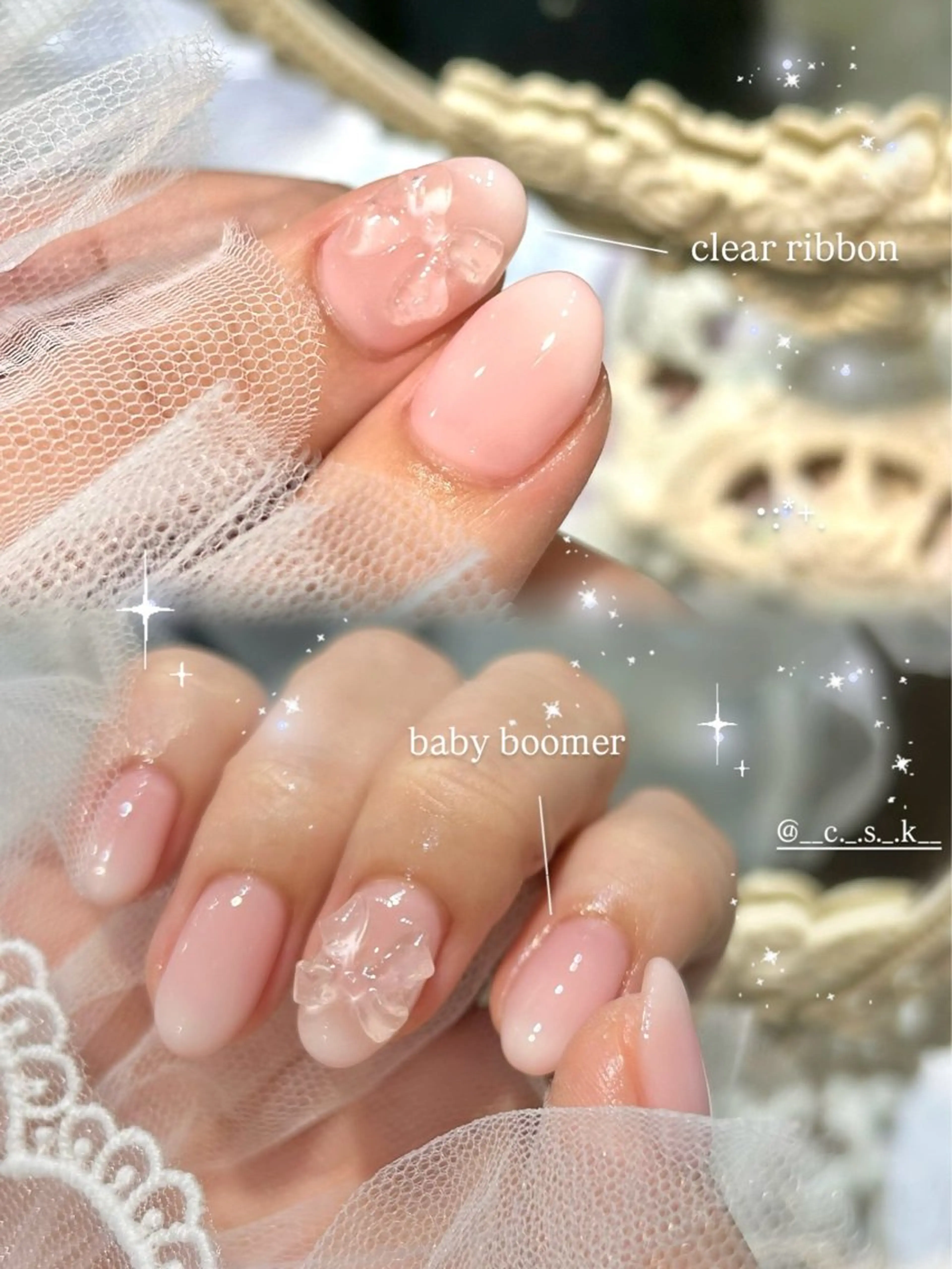 ネイル クリアネイル リボン ハンドネイル 🎀チーク/ちゅるん 🫧chisa🎀のネイルデザイン