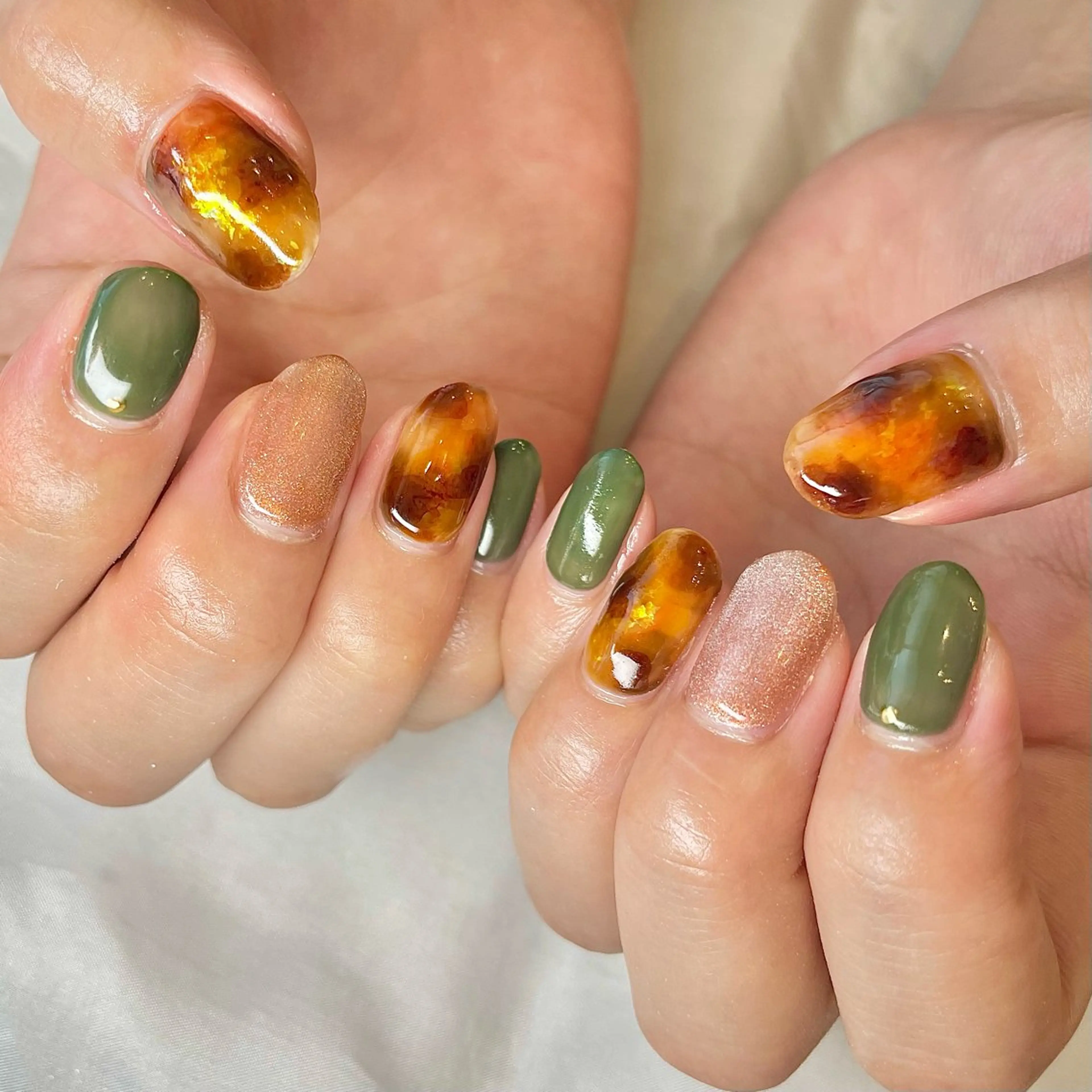 メンズ キッズ ネイル べっ甲ネイル グリーン ハンドネイル ハンドケア nail&eye Aoのマツエク・マツパデザイン