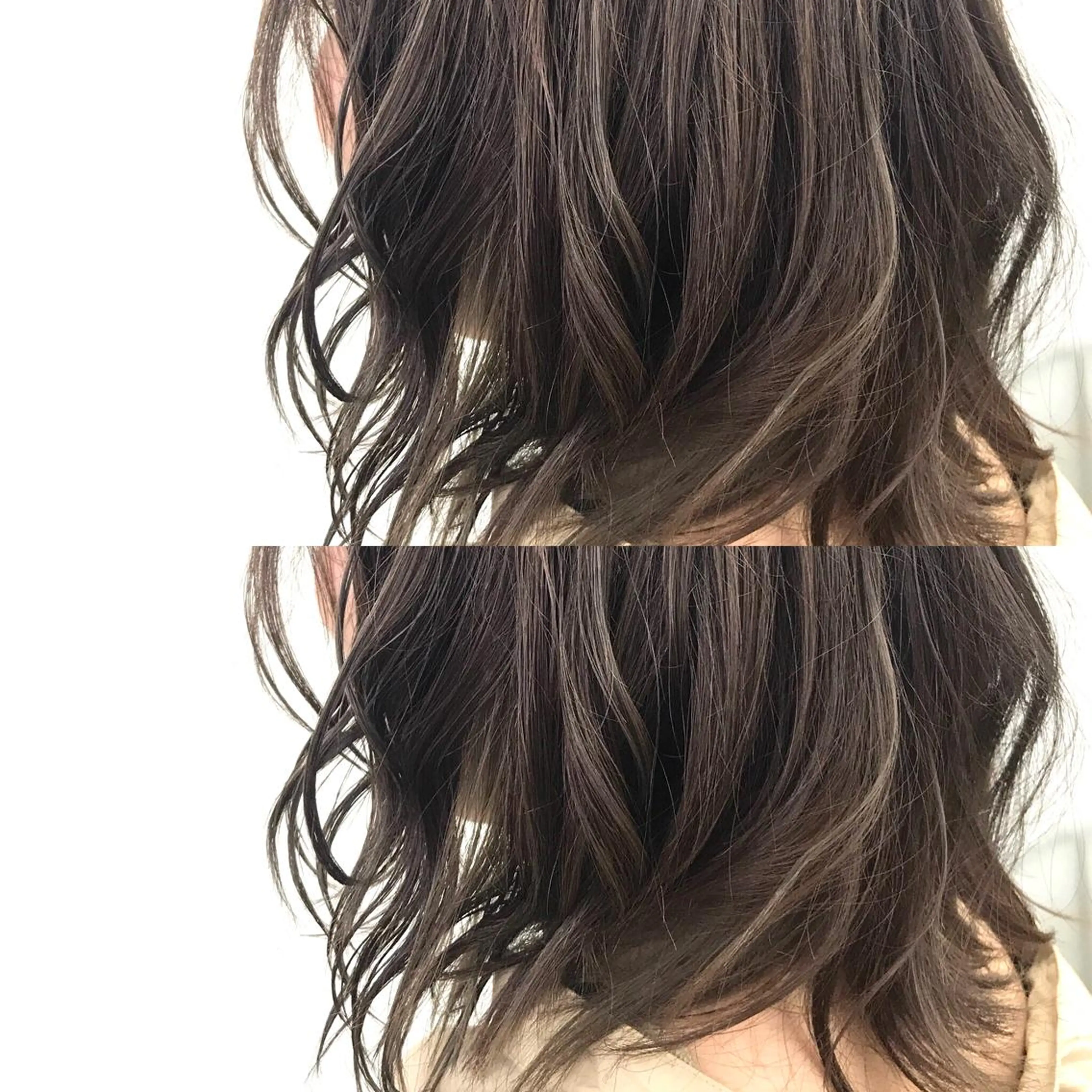 ミディアム カラー ベージュカラー グレージュ ハイライトカラー シアーグレージュ ハイライト 韓国レイヤーカット/ ダブルカラーのヘアスタイル