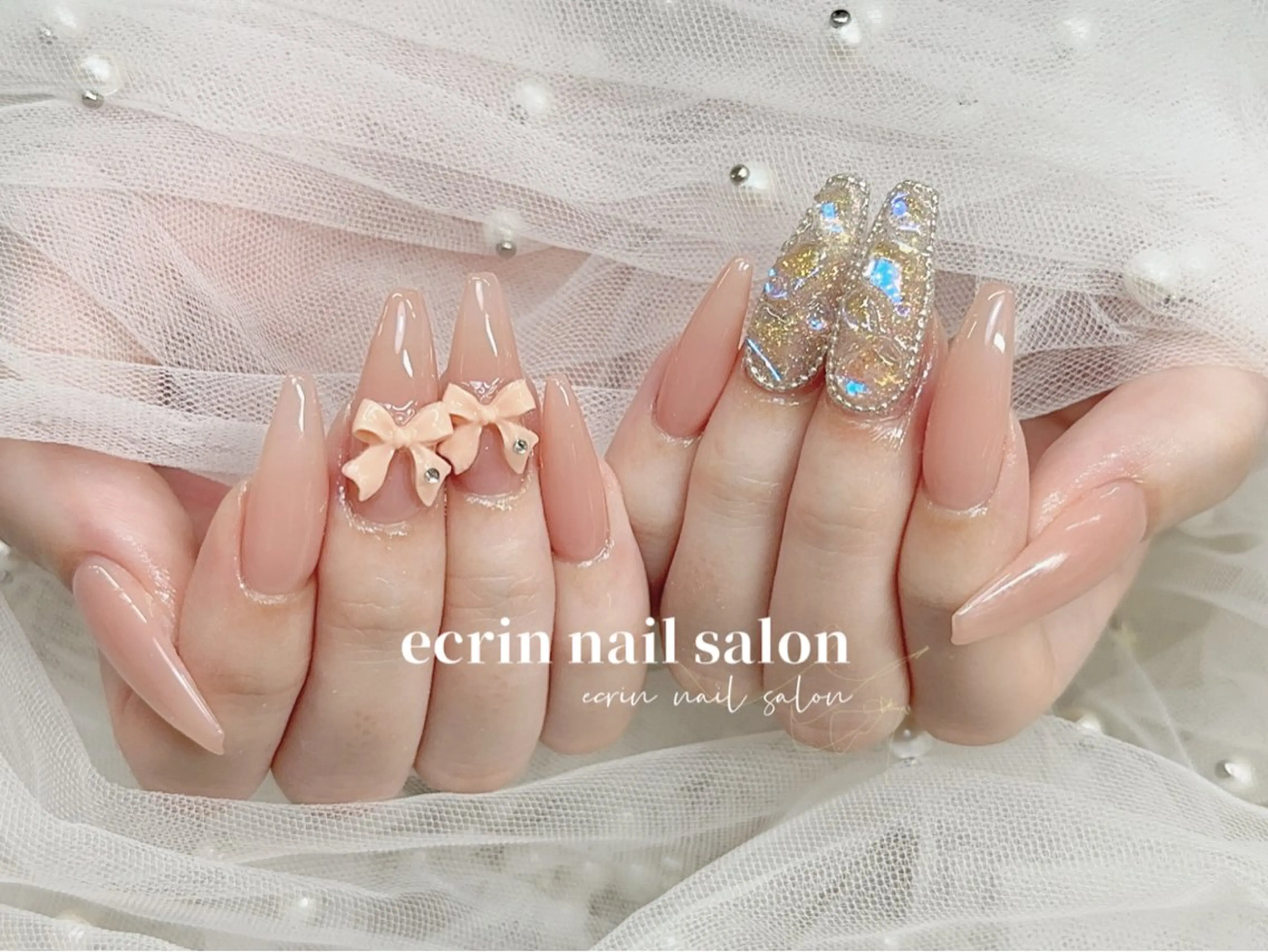 ネイル 桜ネイル ドット ピンク リボン スカルプネイル ハンドネイル ハンドケア ecrin nail salon錦糸町のネイルデザイン