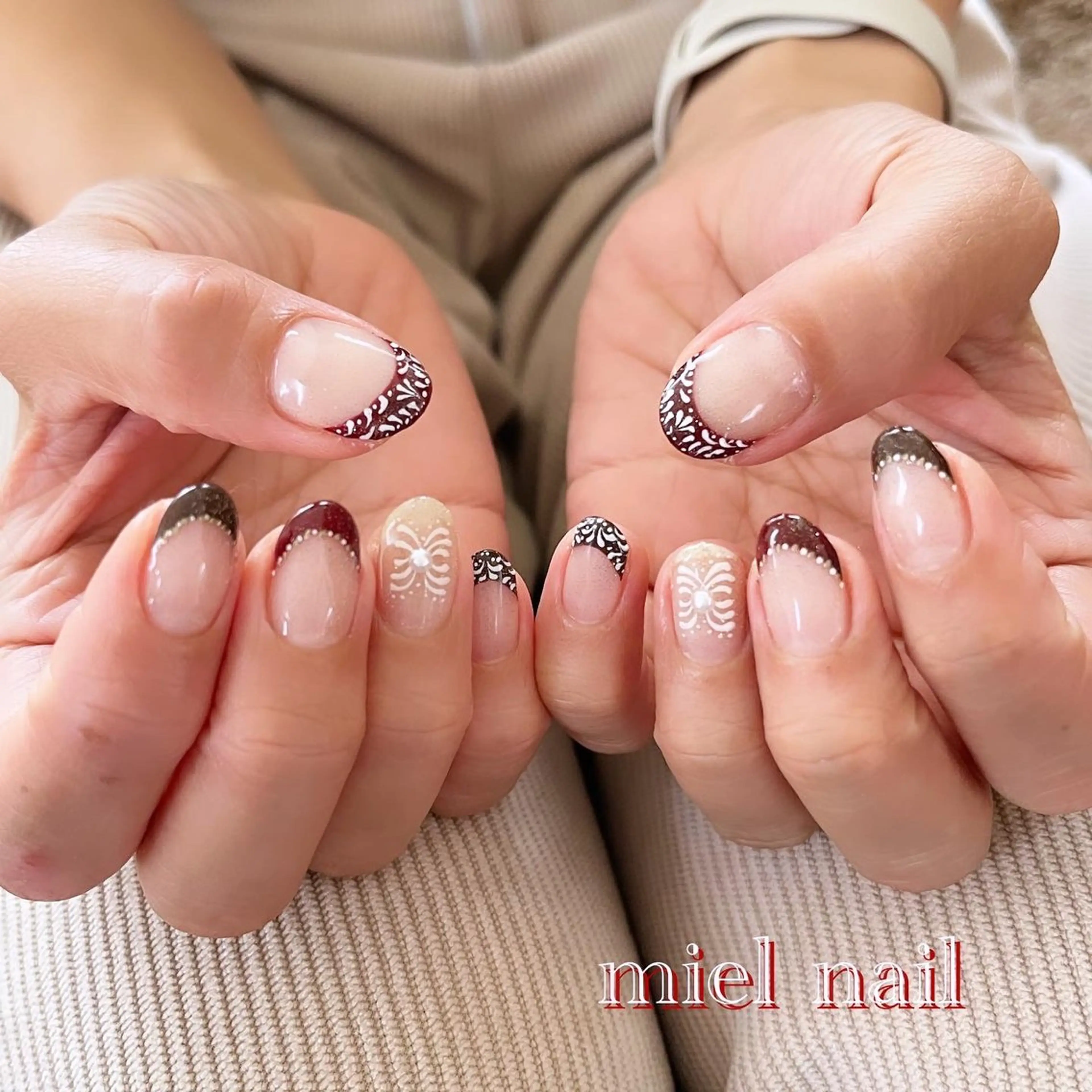 ネイル ボルドー フレンチネイル 冬ネイル ハンドネイル miel nailのネイルデザイン