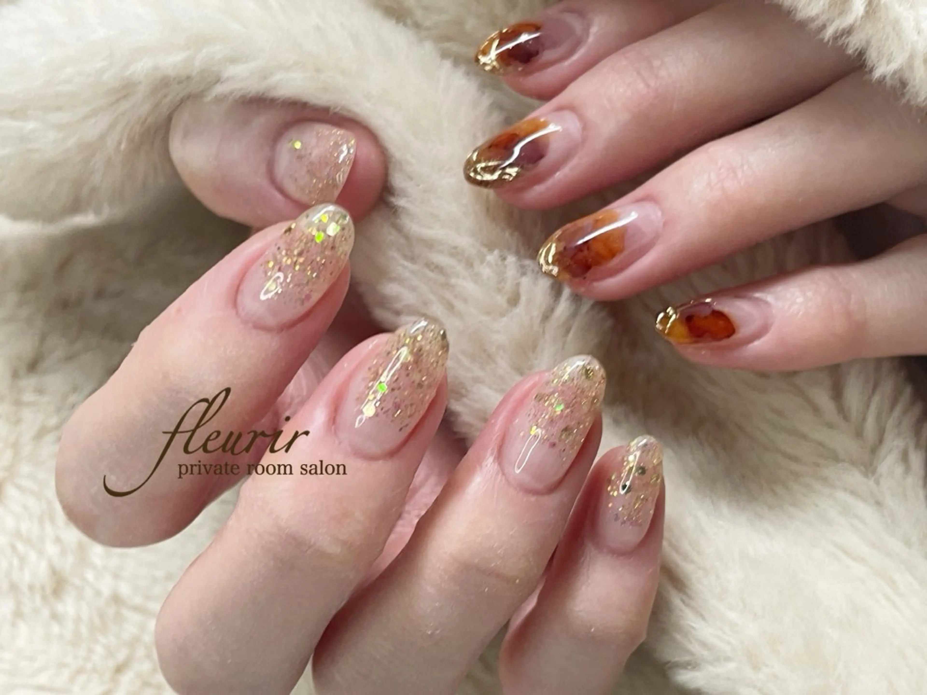 ネイル ブラウン ゴールド ラメ(グリッター) ニュアンスネイル フルリール 【プライベートサロンのネイルデザイン