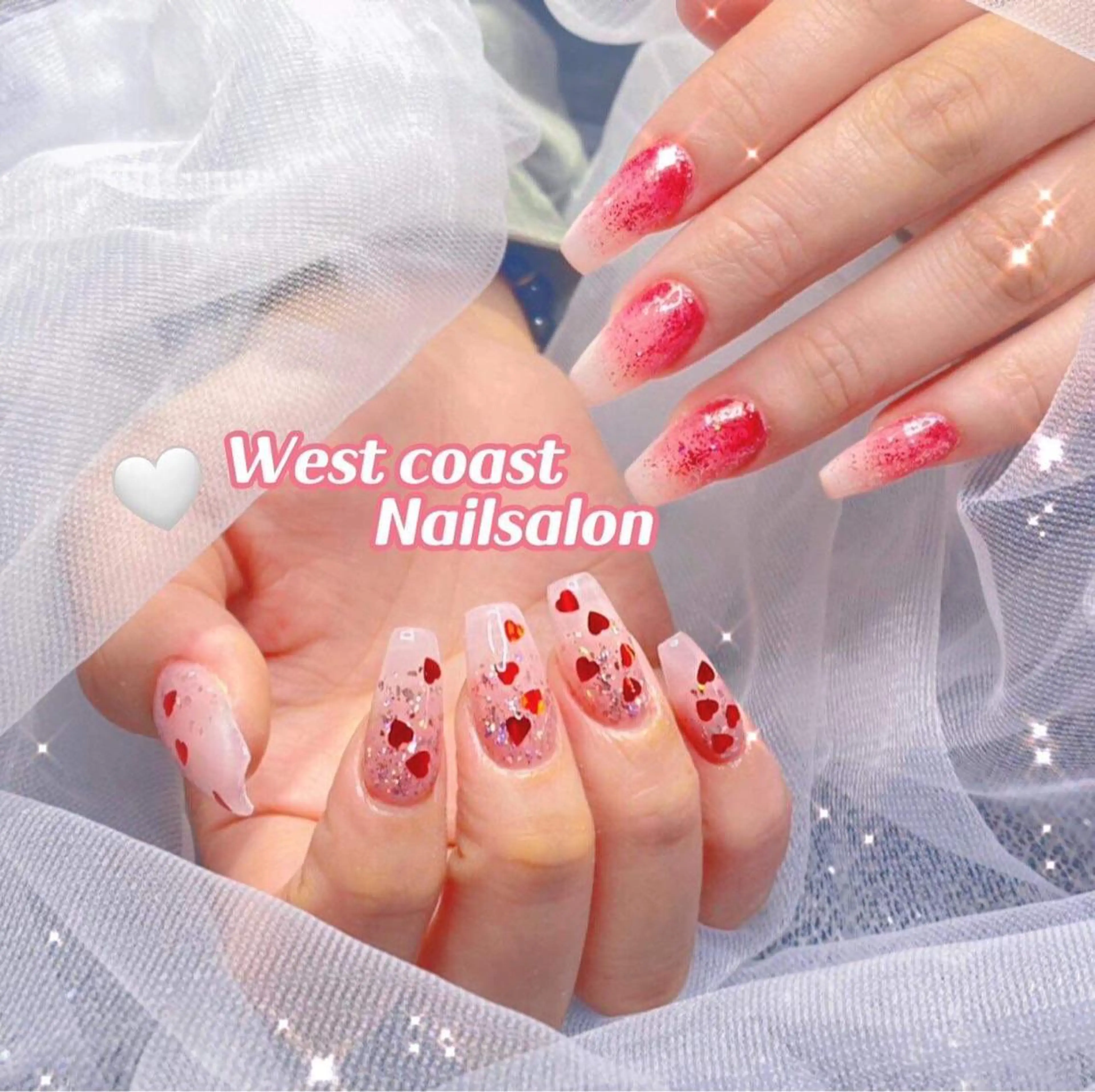 ネイル チークネイル グラデーション ハート キラキラネイル 韓国ネイル リボン、ガーリー パーツ放題専門店のネイルデザイン