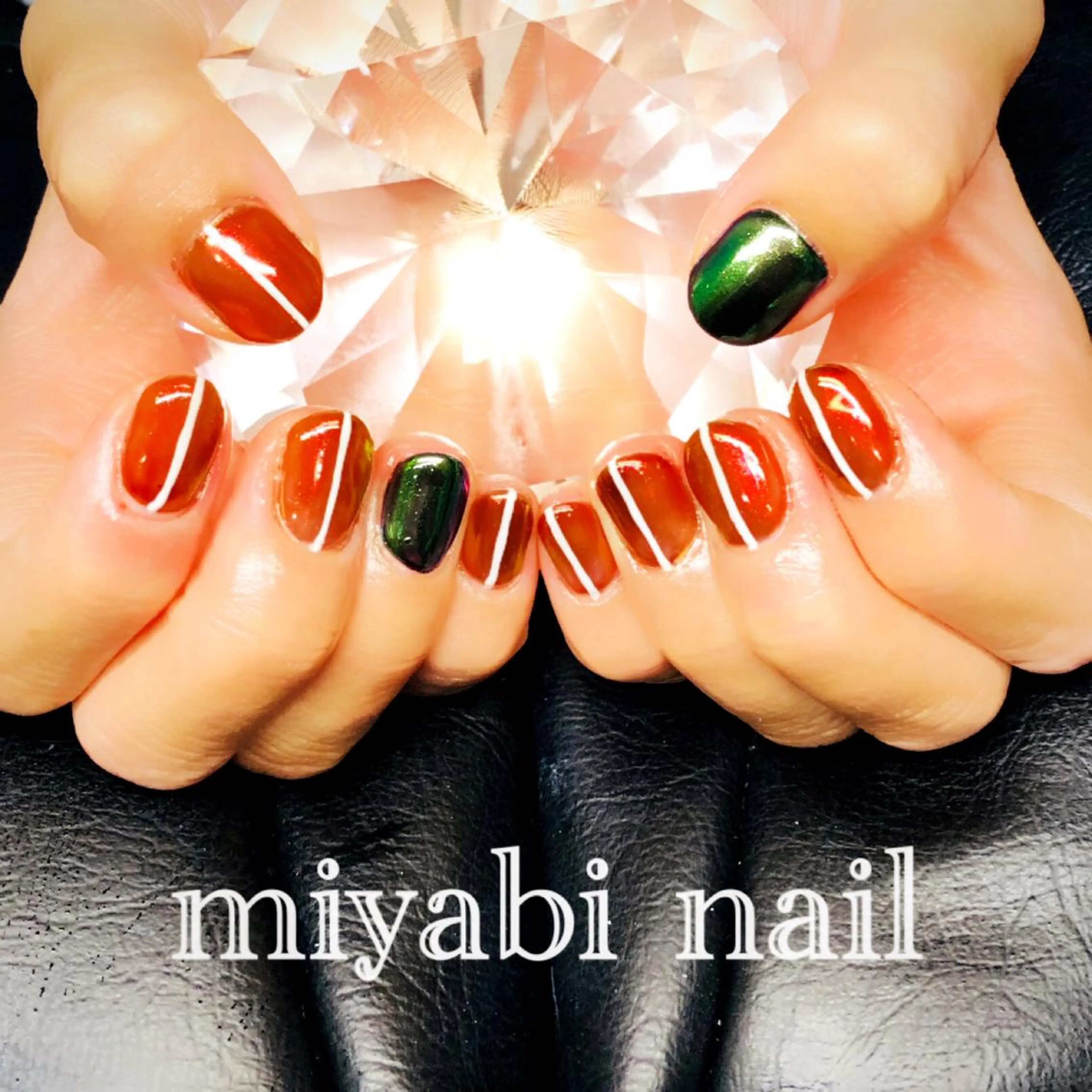 ネイル オーロラネイル グリーン ミラーネイル 持ち込み オレンジ ハンドネイル miyabi nail 桂川駅近くのネイルデザイン