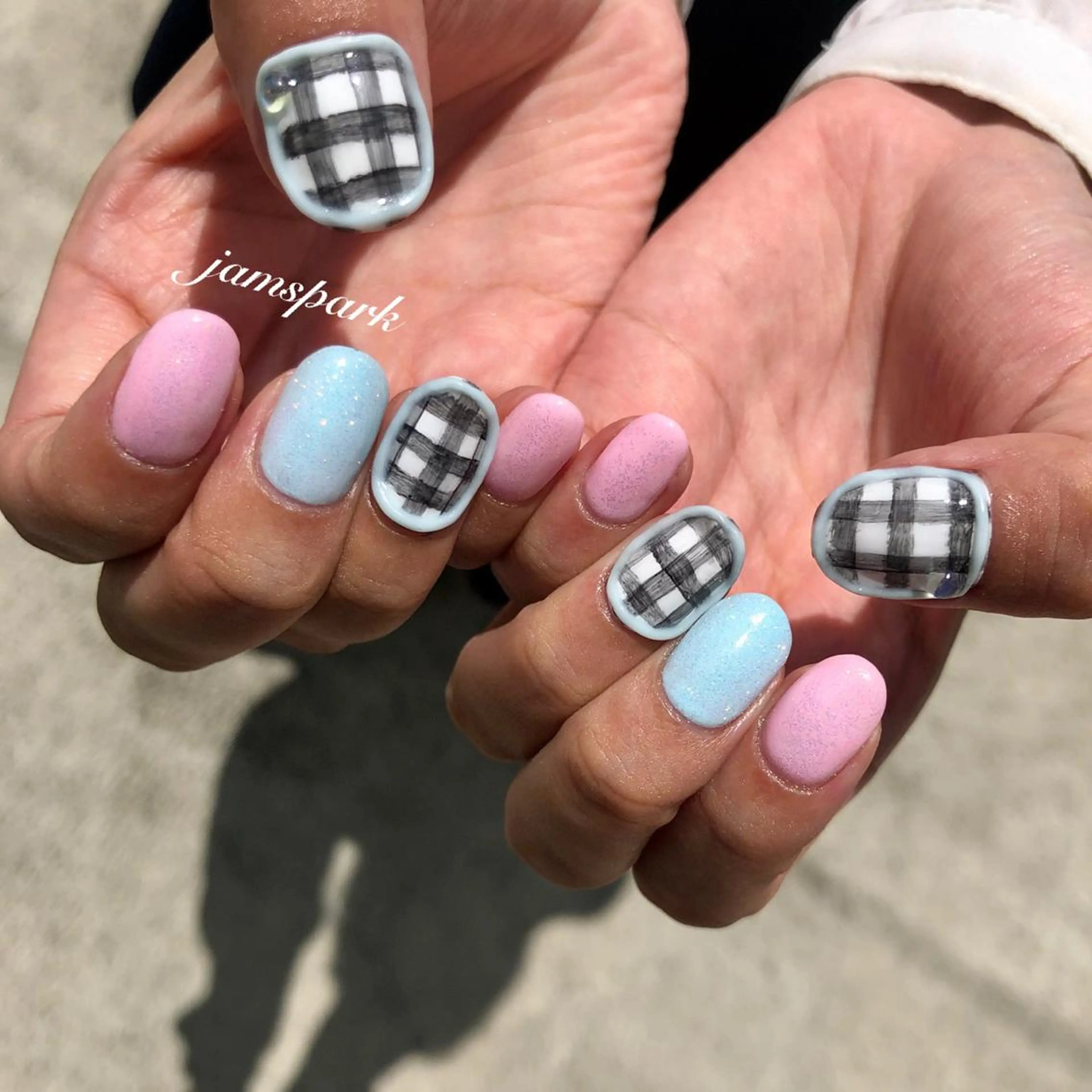 ネイル ジェルネイル 水色 パステルネイル ピンク 春ネイル ハンドネイル jamspark ✨のネイルデザイン