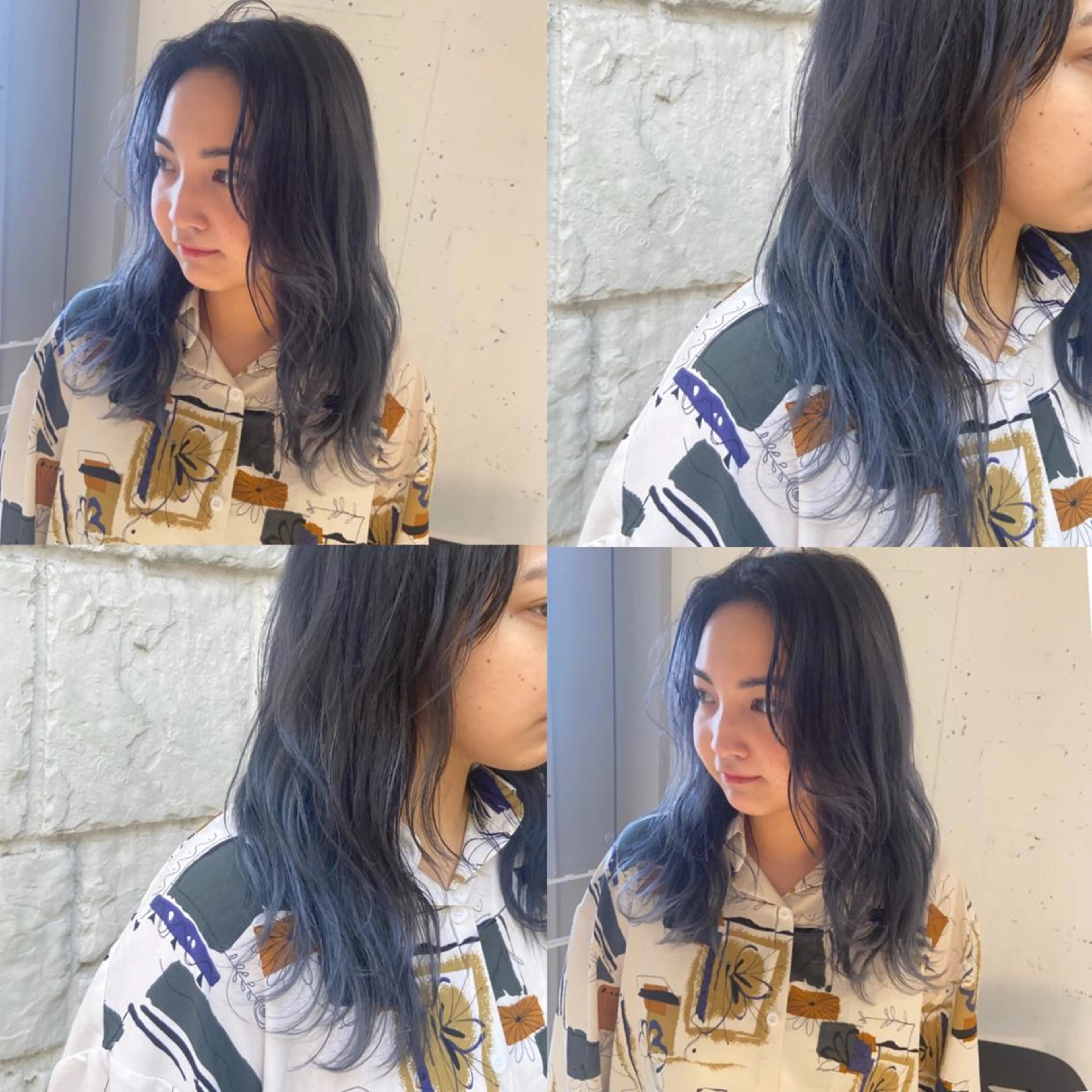 ミディアム カラー バレイヤージュ ブルーカラー ブルーグレー ブルーグレージュ 透明感カラー カジュアルを女っぽく 𝗮𝘆𝗮𝗰𝗼のヘアスタイル