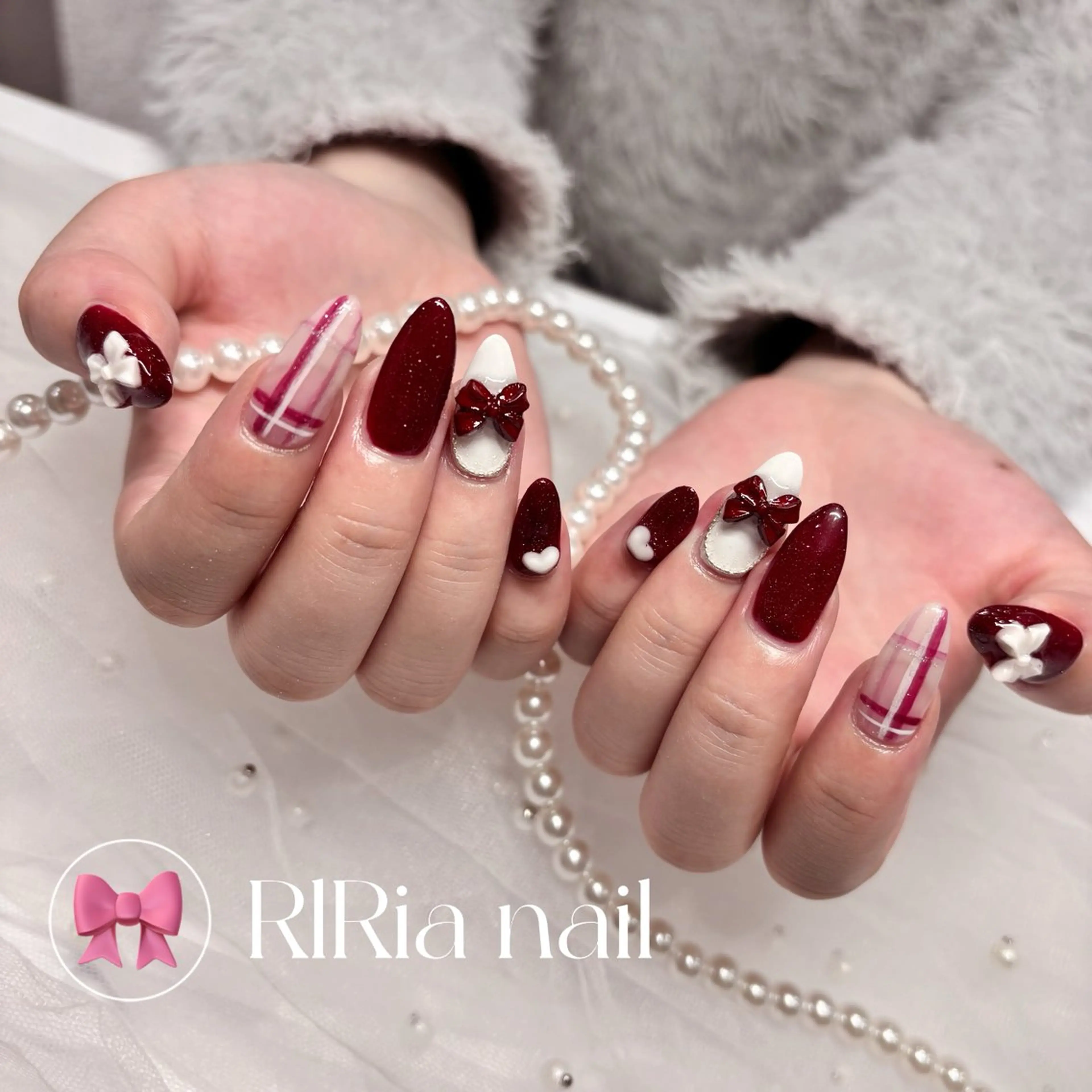 ネイル ボルドー ハート ラメ(グリッター) ぷっくりネイル リボン ハンドネイル 🎀『RlRia』（GO TODAY シェアサロン 横浜Solace店内）🎀所属・RlRia .のネイルデザイン