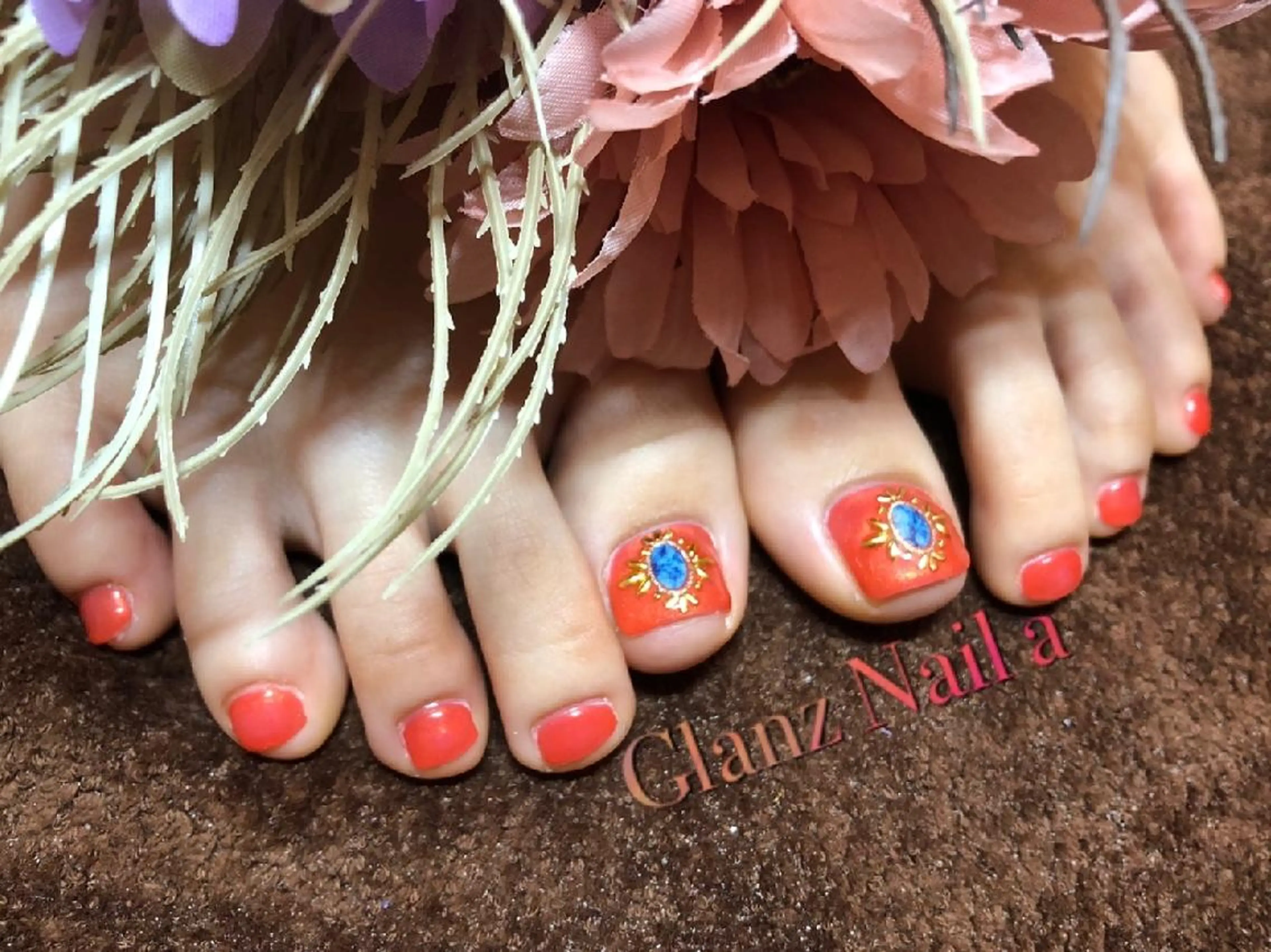 ネイル オレンジ ストーンネイル Glanz  Nail aのネイルデザイン