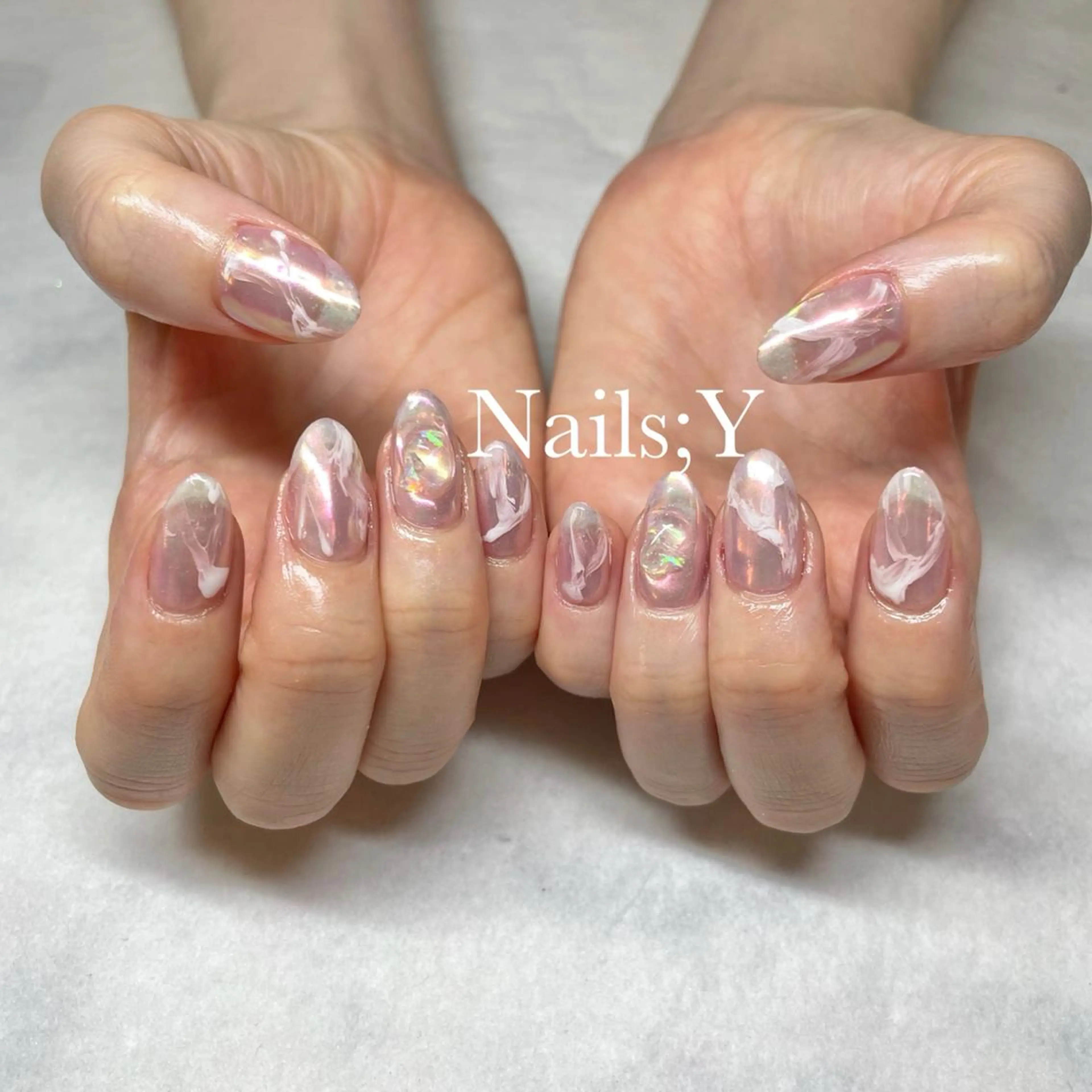 ネイル オーロラネイル クリアネイル 大理石ネイル(マーブル) おそろいネイル ピンク yo koのネイルデザイン