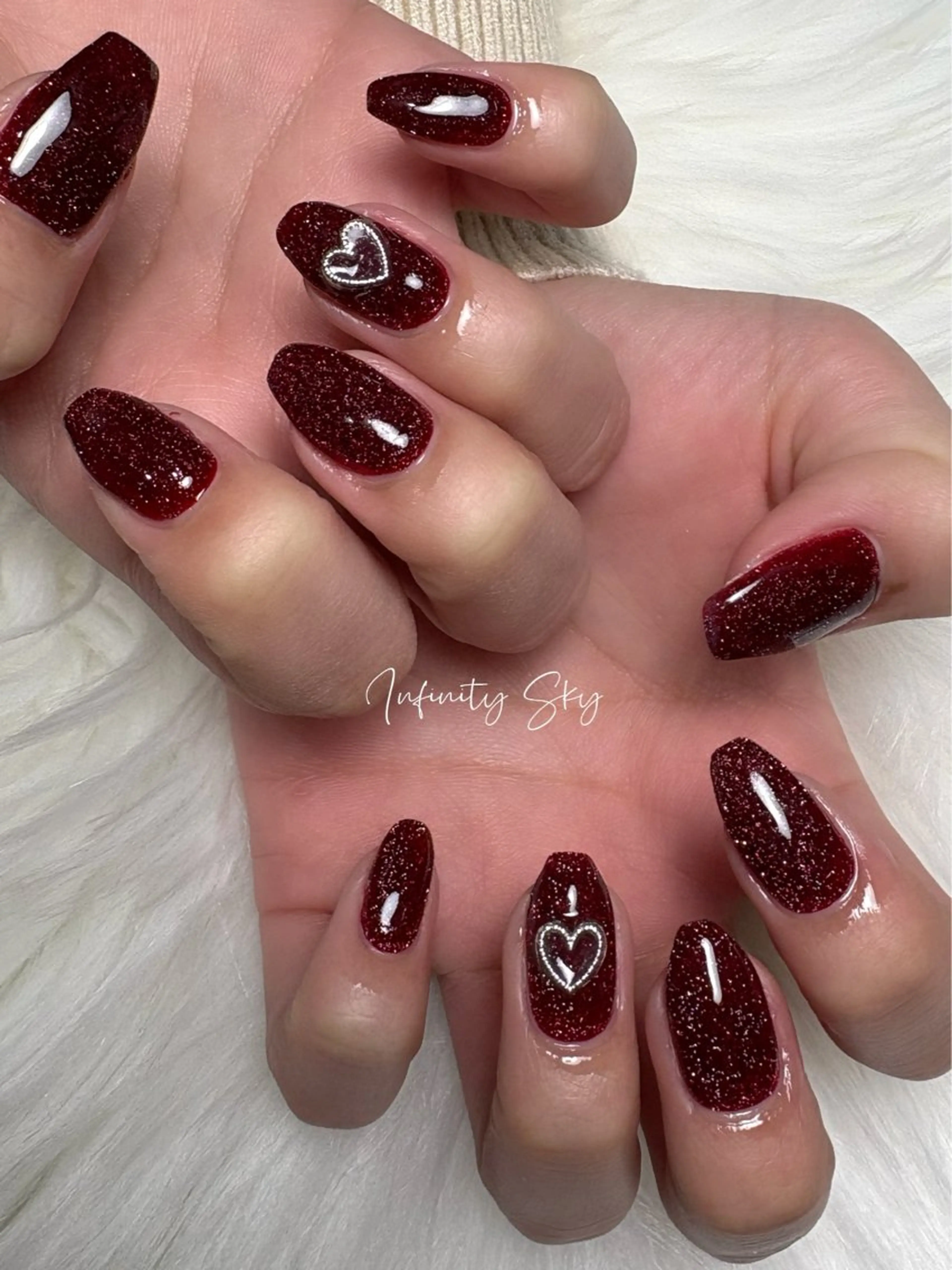 ネイル ボルドー ハート 赤色 シンプルネイル infinity skyのネイルデザイン