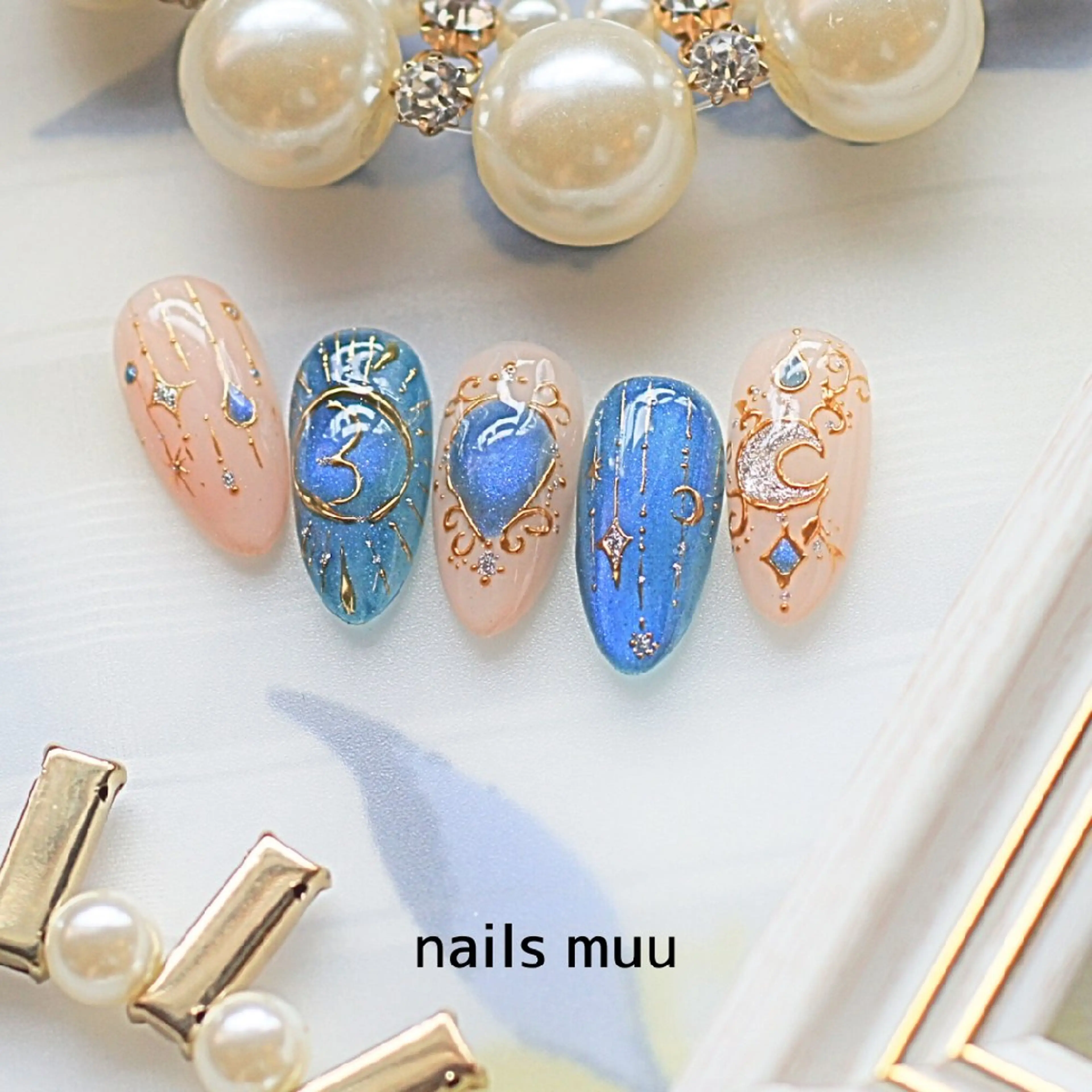 ネイル ブルー マグネットネイル 夏ネイル ハンドネイル nails muu まゆのネイルデザイン
