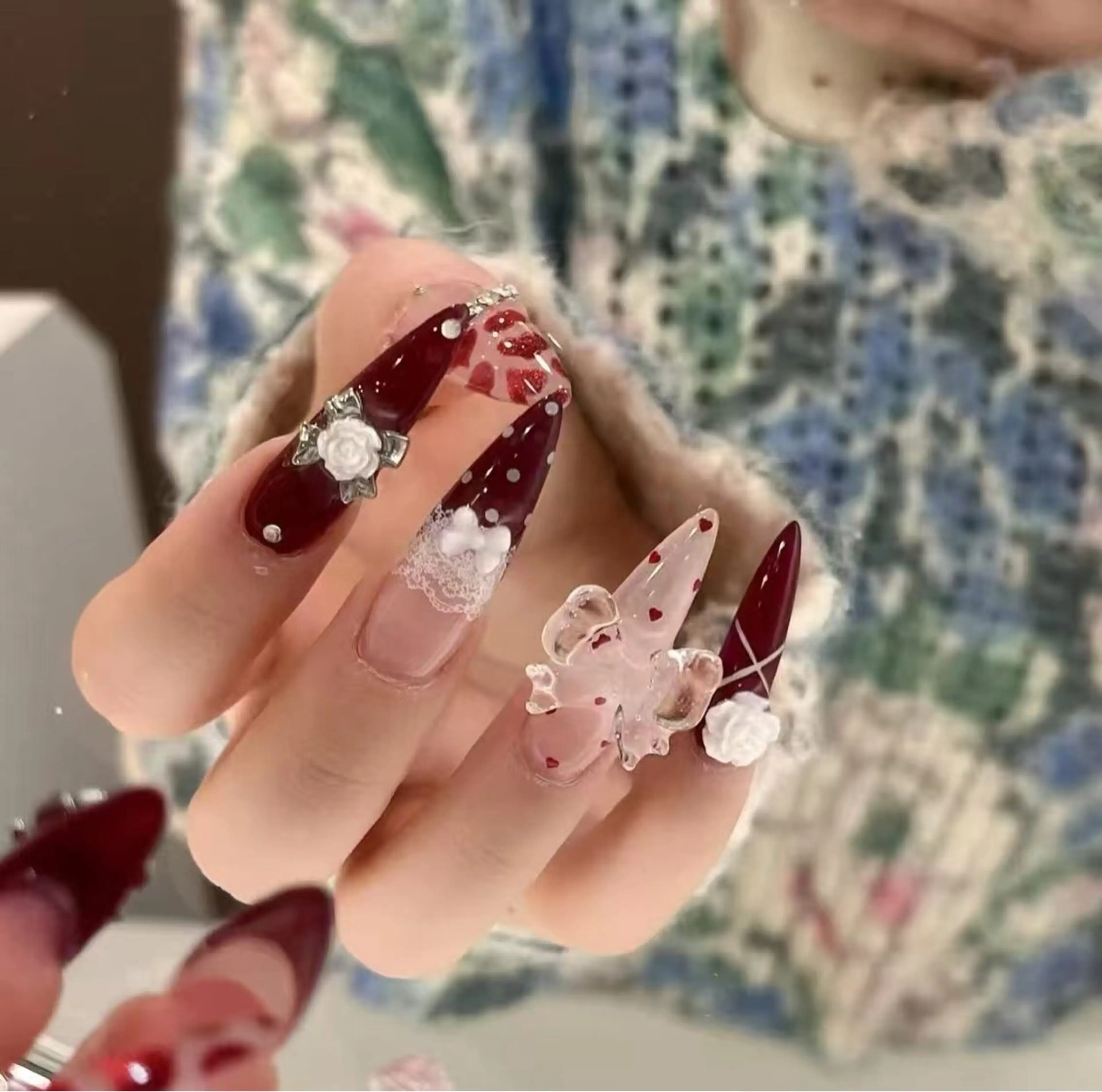 ネイル フラワーネイル フレンチネイル ジェルネイル ガラスフレンチ ハート ハンドネイル BabyYouMi ねねのネイルデザイン