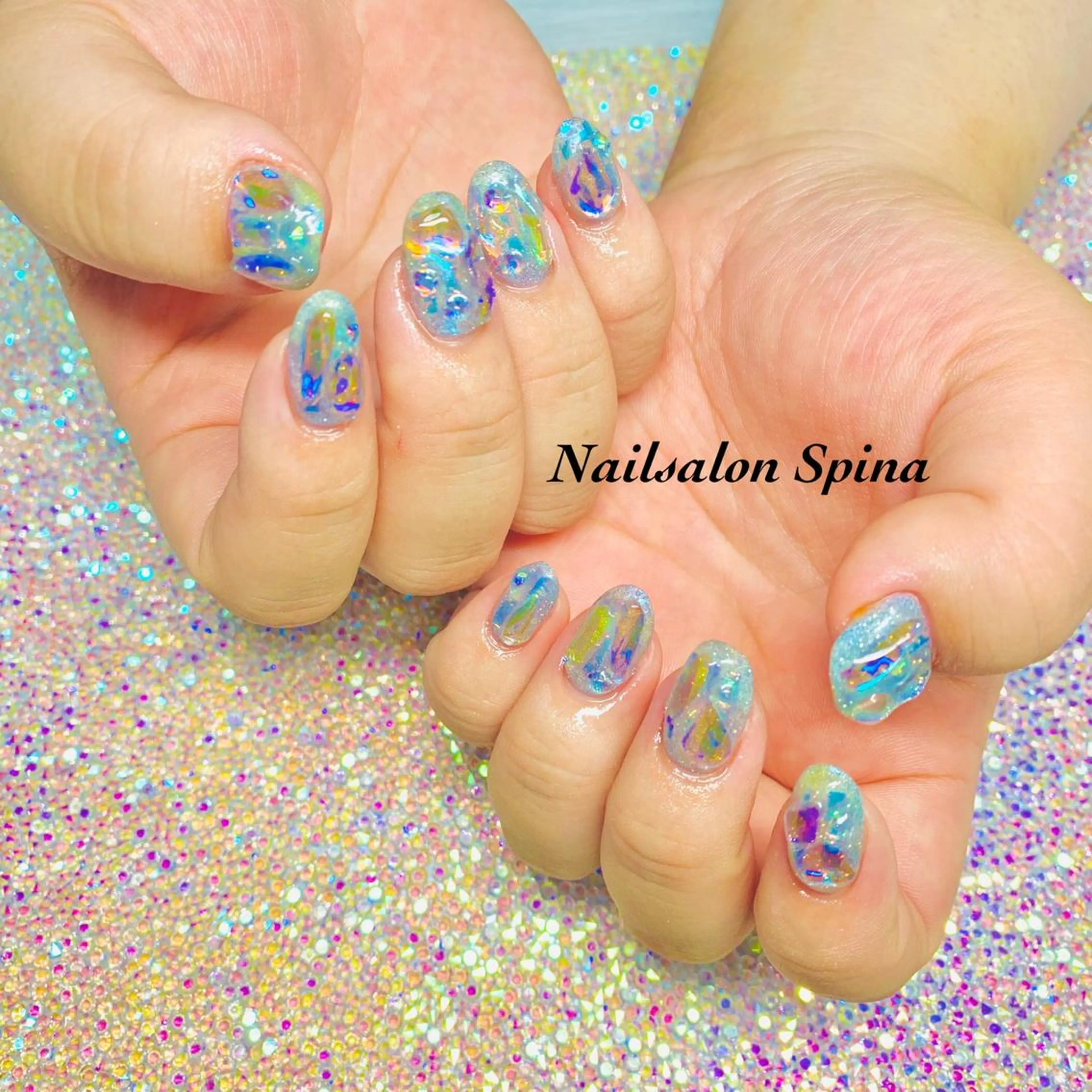 ネイル ブルー ジェルネイル 氷ネイル・うるうるネイル 韓国ネイル パラジェル Nailsalon Spina 琴美のネイルデザイン