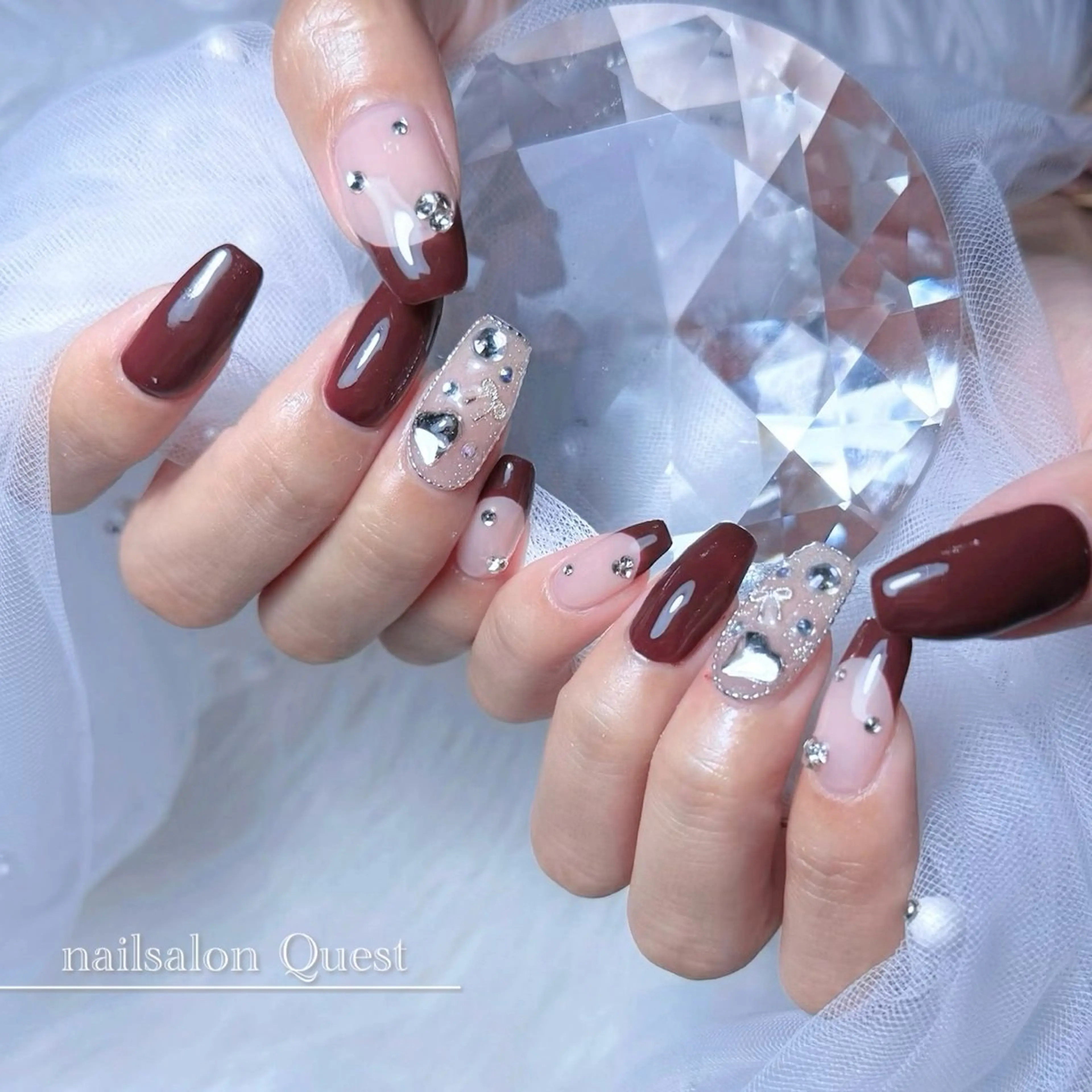 ネイル ブラウン ストーンネイル ハンドネイル nailsalon Questのネイルデザイン