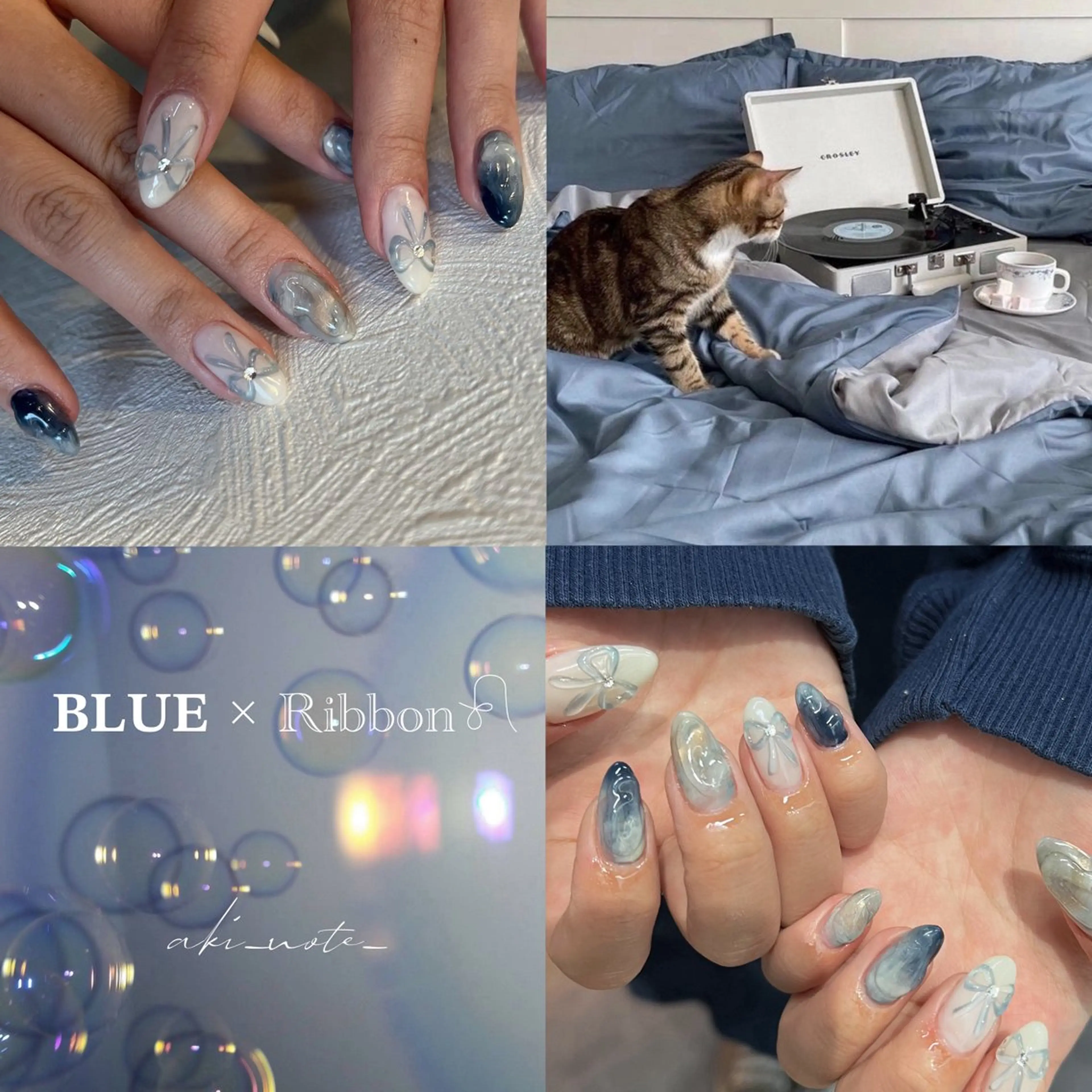 ネイル ブルー リボン 春ネイル 夏ネイル ハンドネイル フットネイル GRANDE大須 栄/店長 aki🌙のネイルデザイン