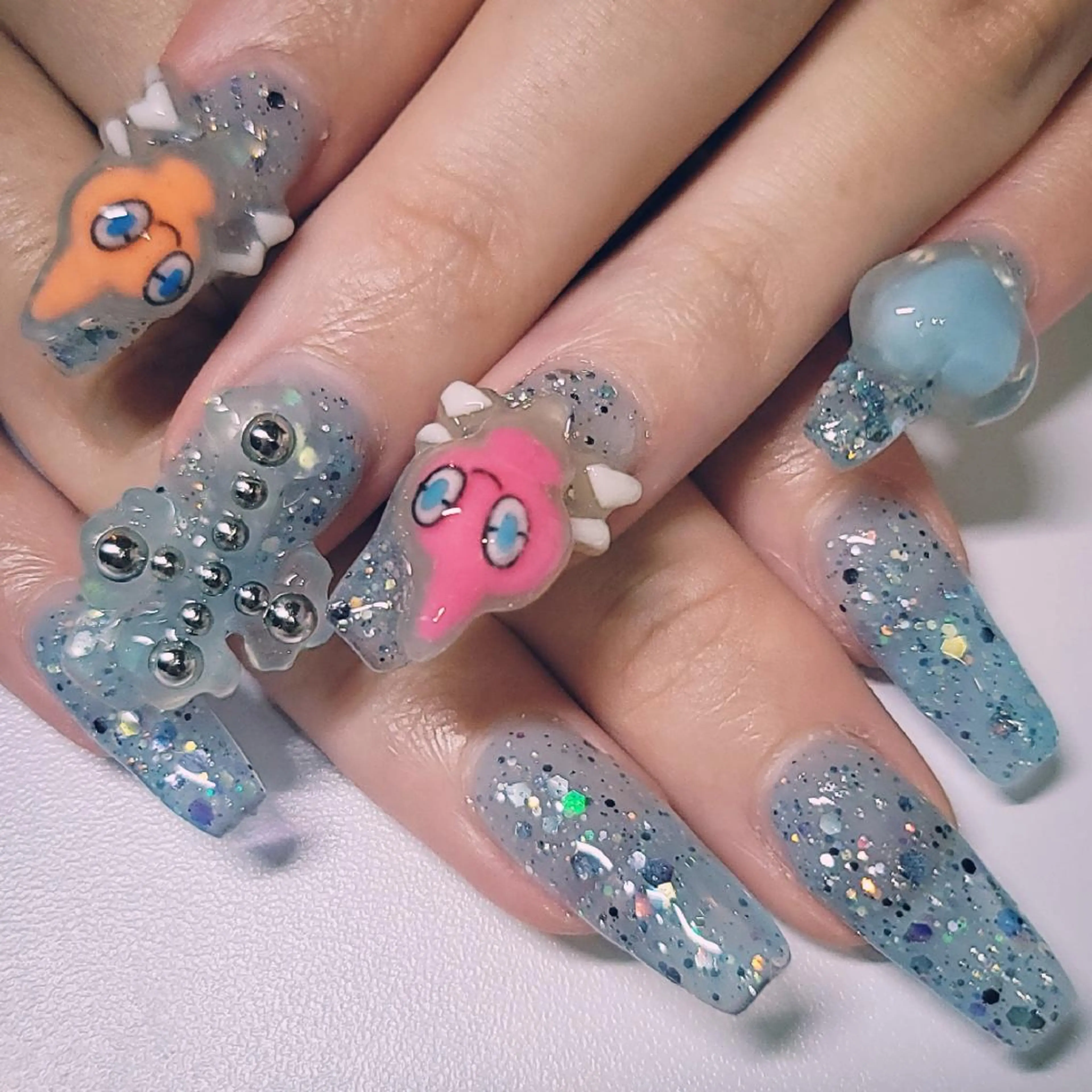 ネイル アートネイル ブルー クリアネイル ハート ラメ(グリッター) ハンドネイル よしだ ひろきのネイルデザイン