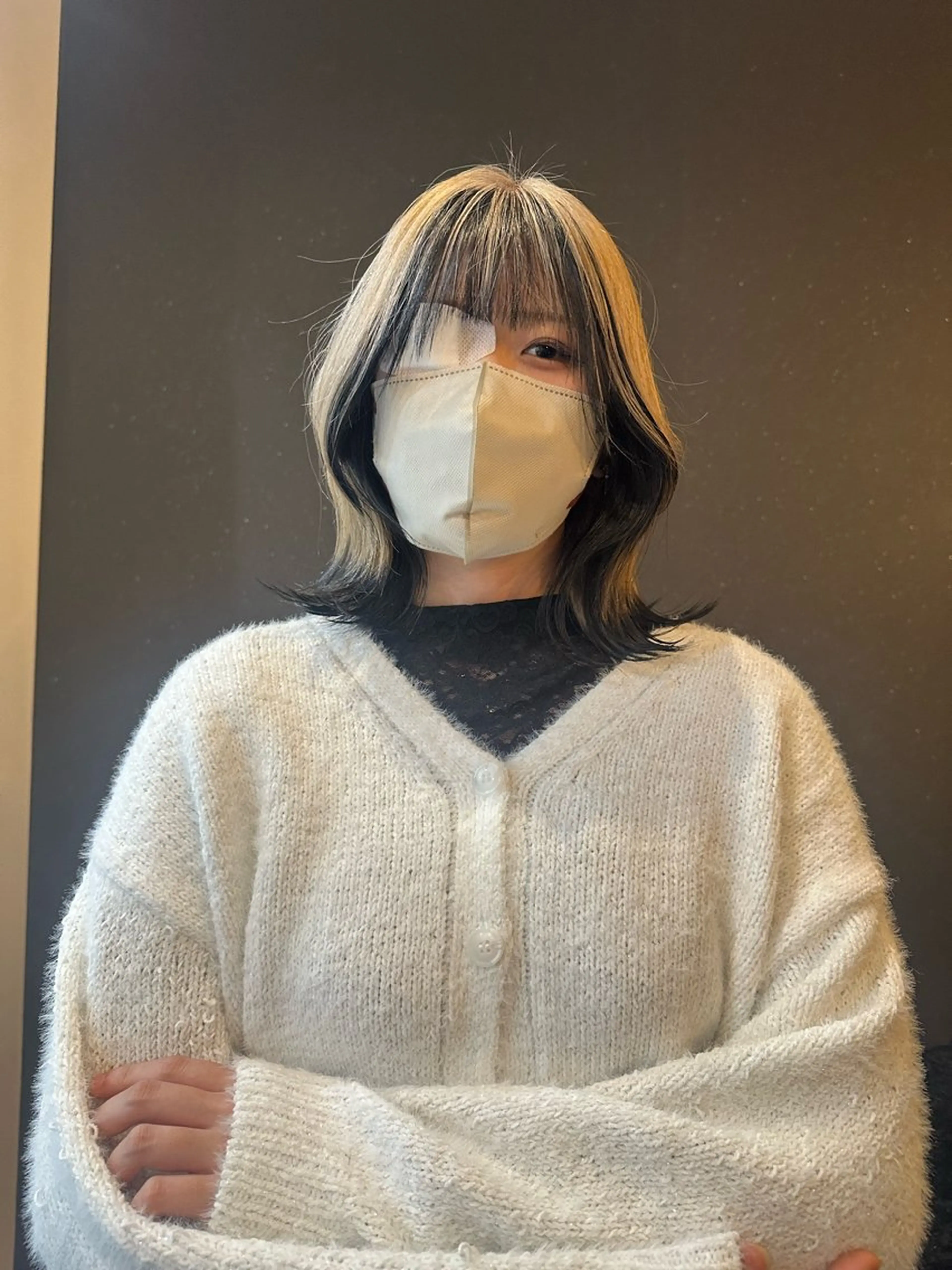 ミディアム カラー ミストバング ブリーチ  フェイスフレーミング マイ/カットモデル /暖色カラーのヘアスタイル