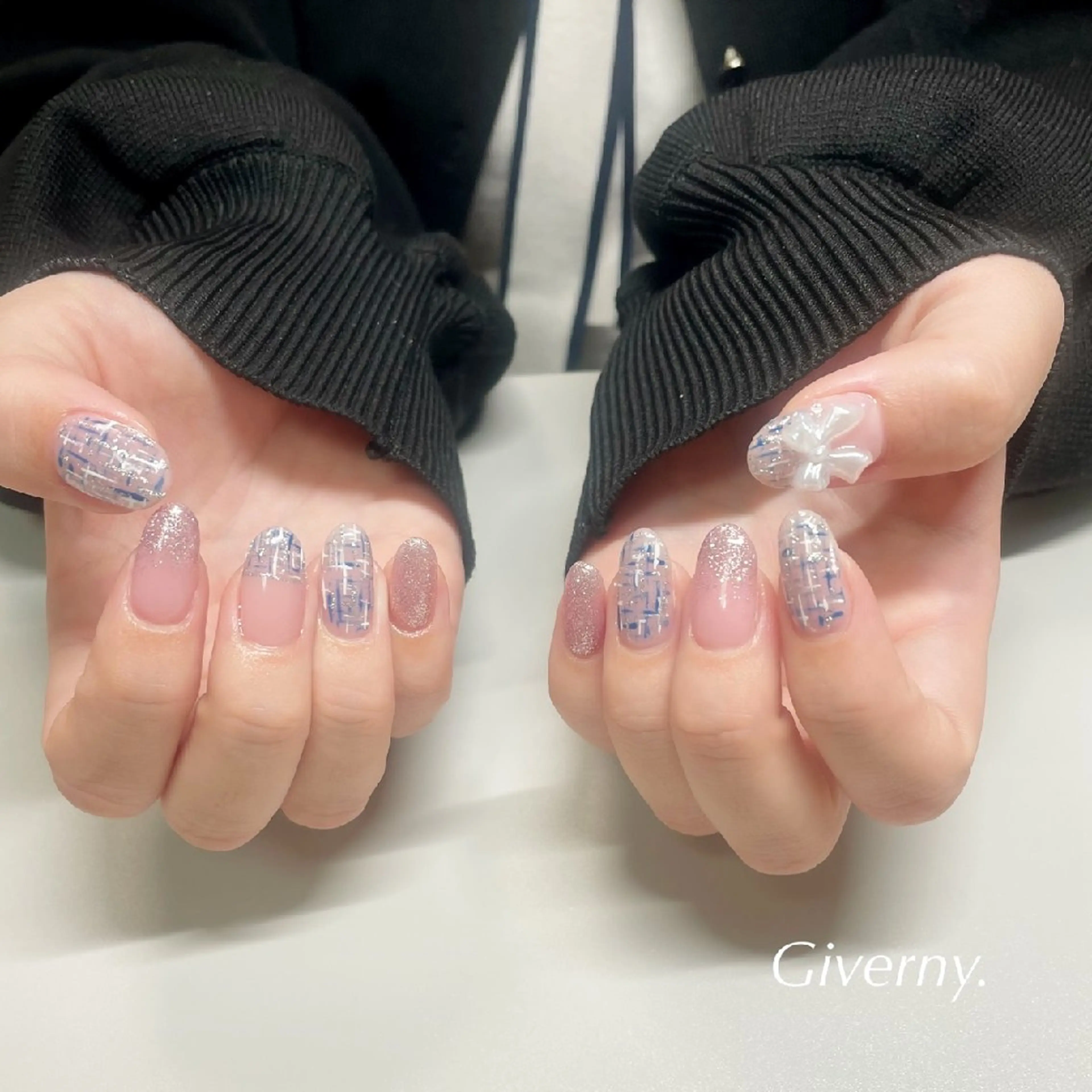 ネイル リボン ツイードネイル 冬ネイル ハンドネイル Giverny .のネイルデザイン