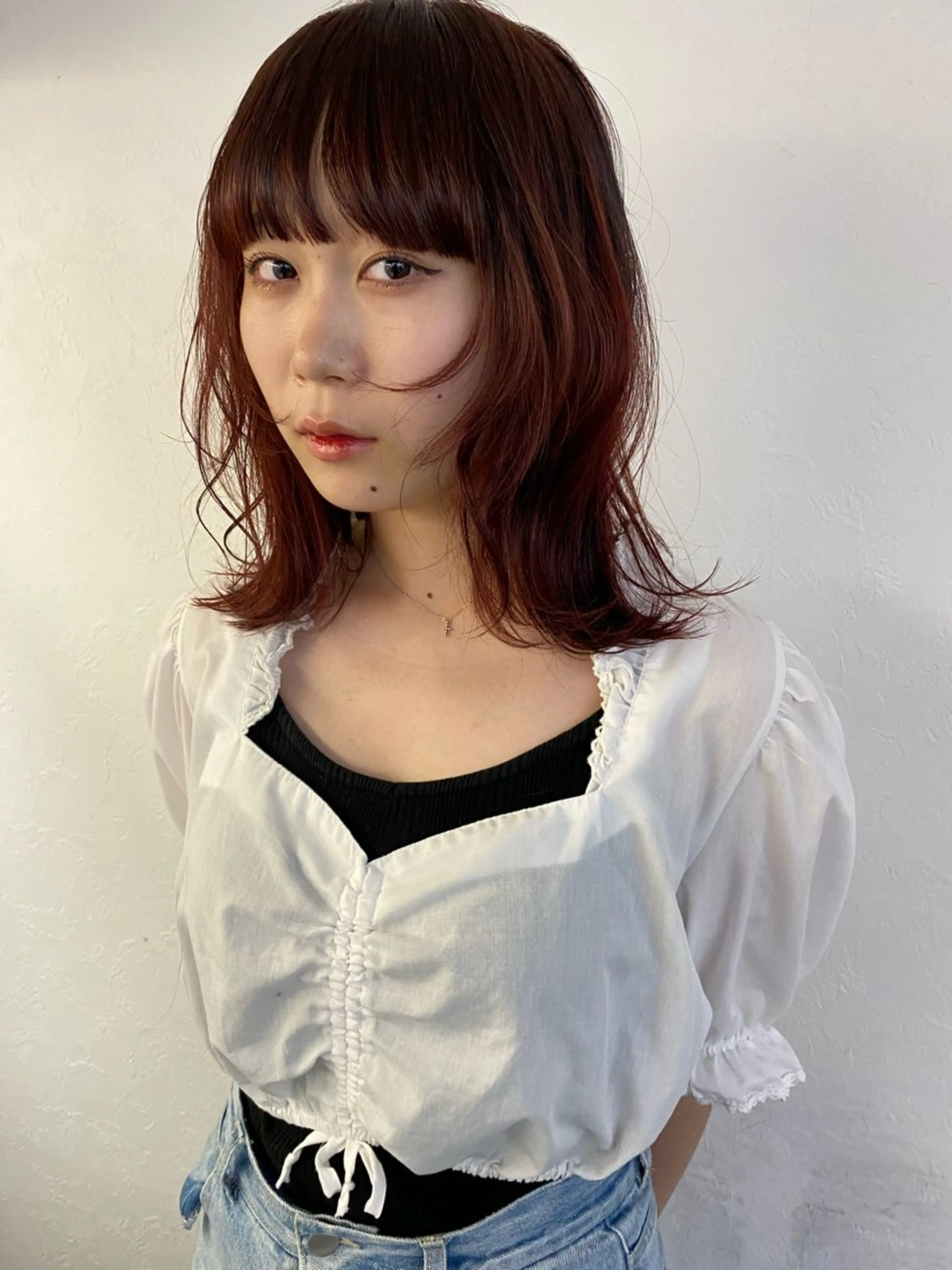 ミディアム カラー レッドカラー 顔まわりレイヤー レイヤーカット 森貴裕/ベージュ/ パーマ/オリーブのヘアスタイル