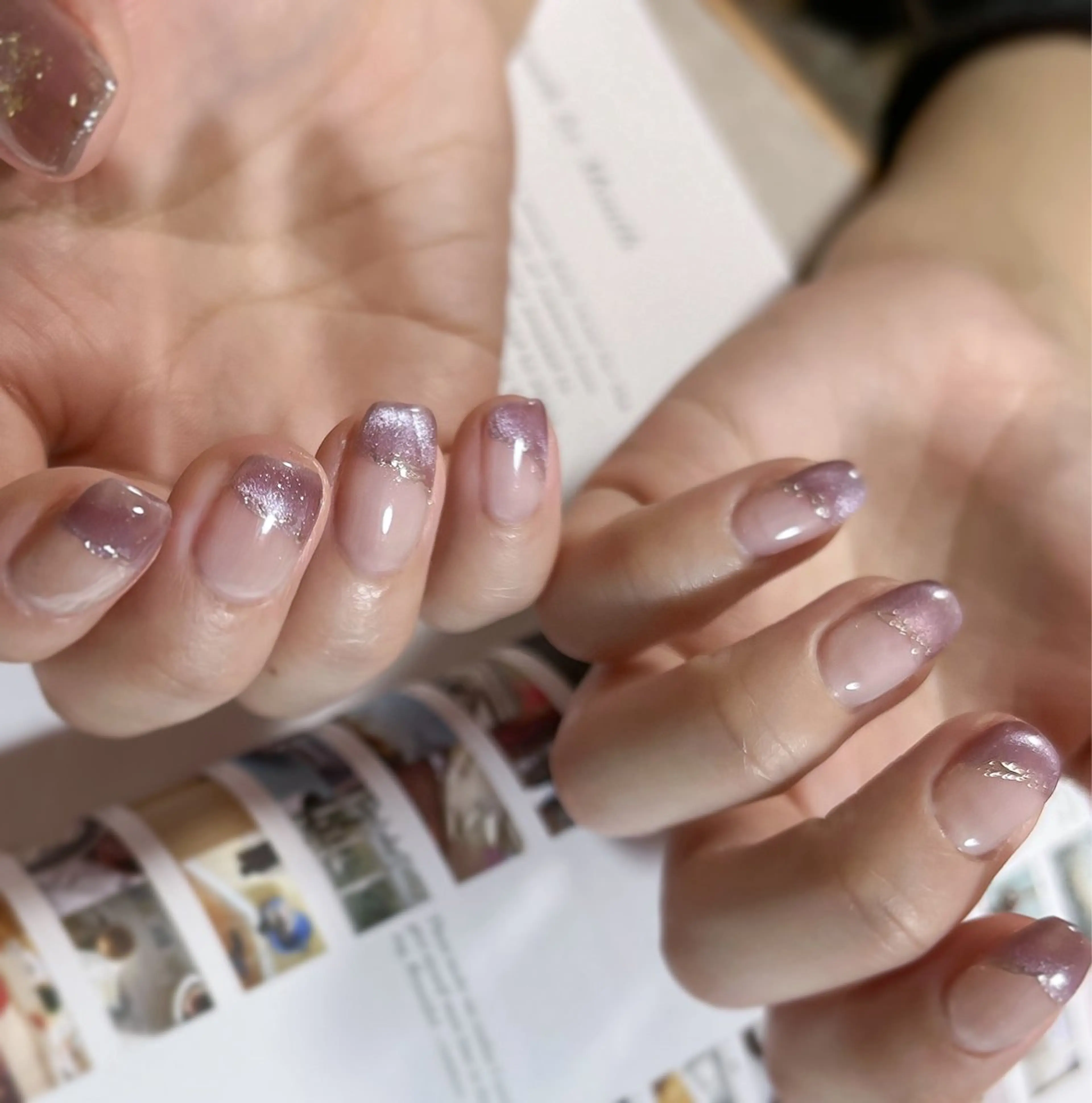 ネイル フレンチネイル ハート マグネットネイル ミラーネイル パープル ハンドネイル pointillé .ayaのネイルデザイン