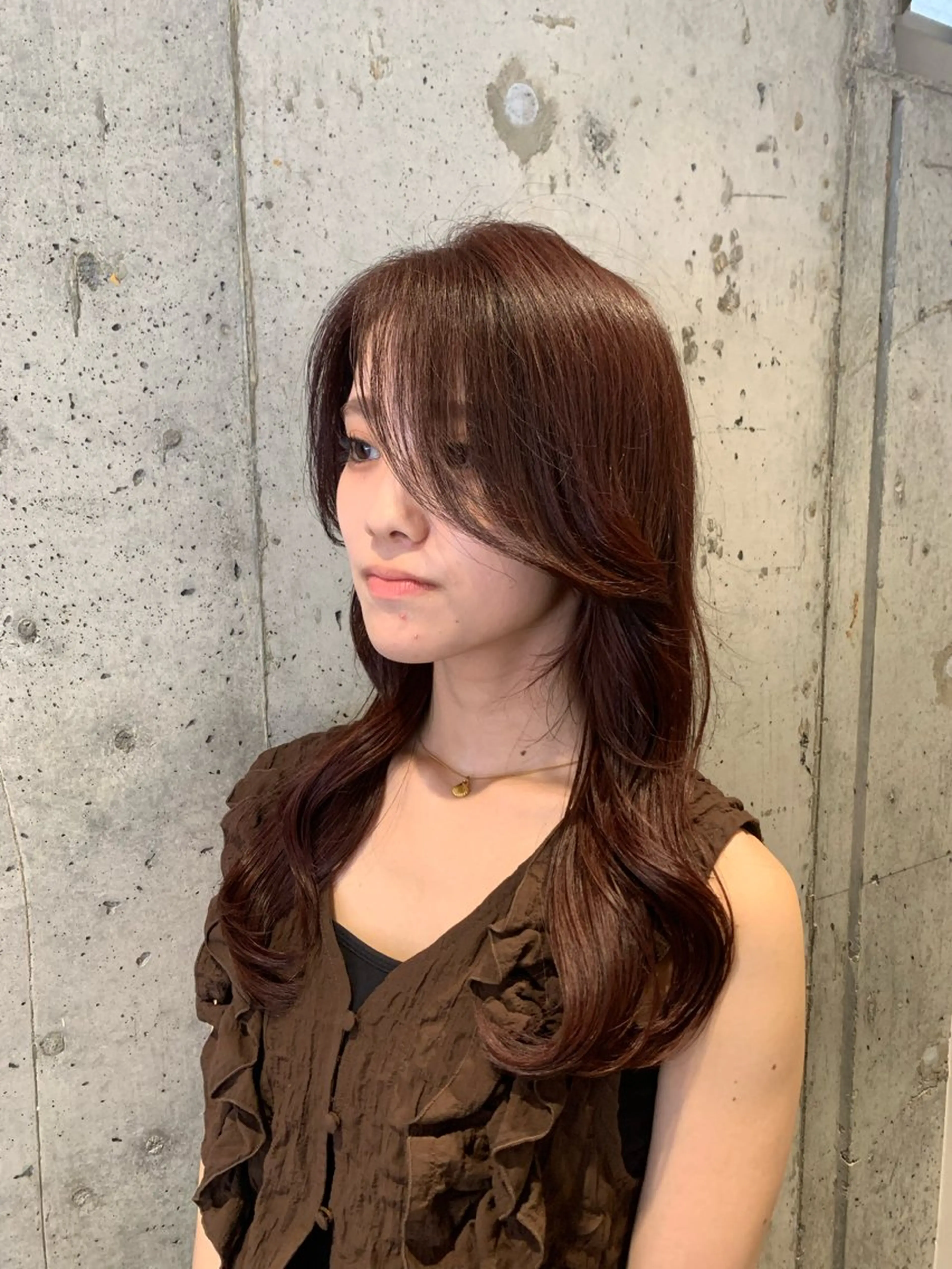 ロング カラー ブラウンカラー レッドカラー レッドブラウン 顔周りカット レイヤーカット カット ヘアカラー レイヤー/メンズ /髪質改善　廣島公平のヘアスタイル