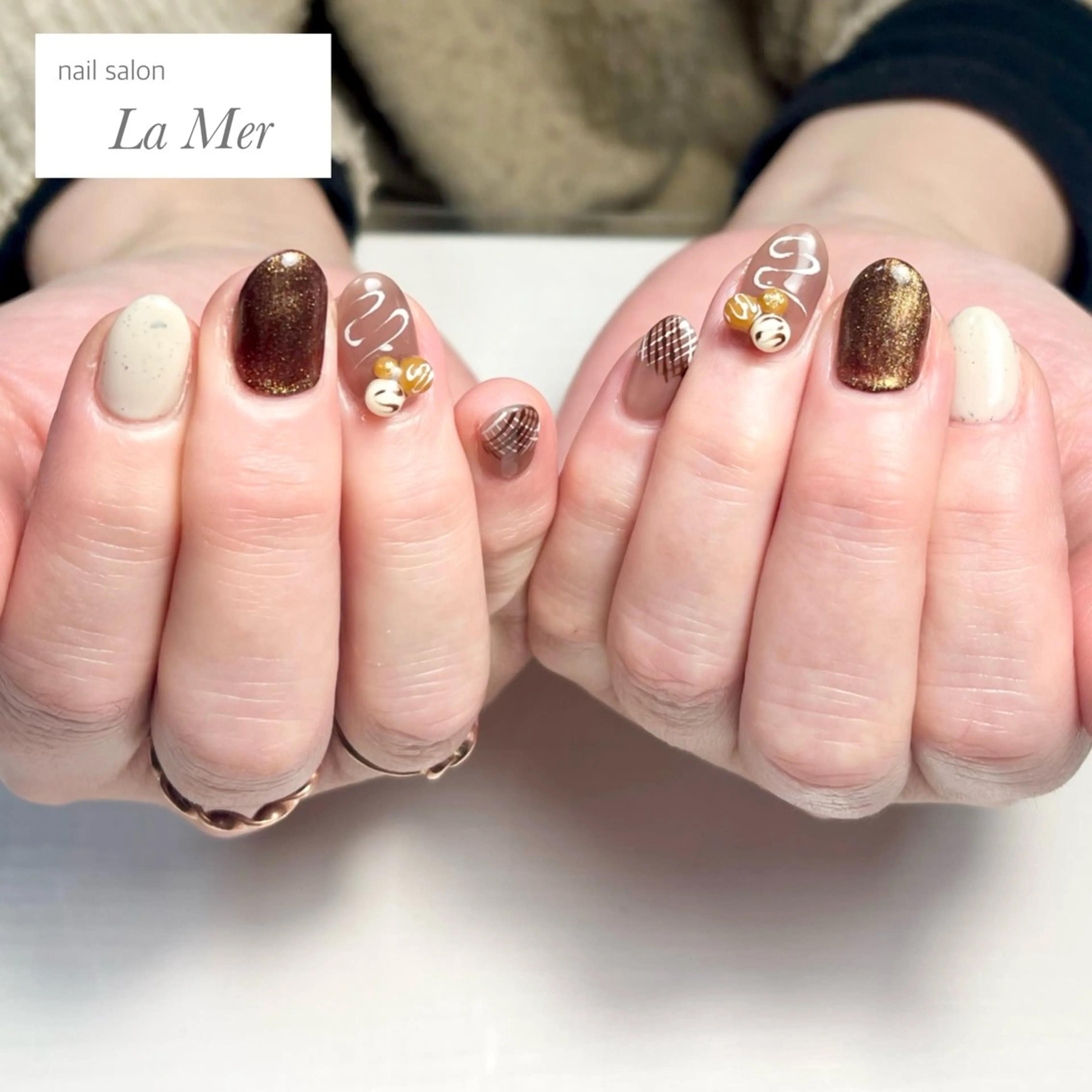 ネイル ブラウン ネイルチップ バレンタイン 冬ネイル ハンドネイル nailsalon La Merのネイルデザイン