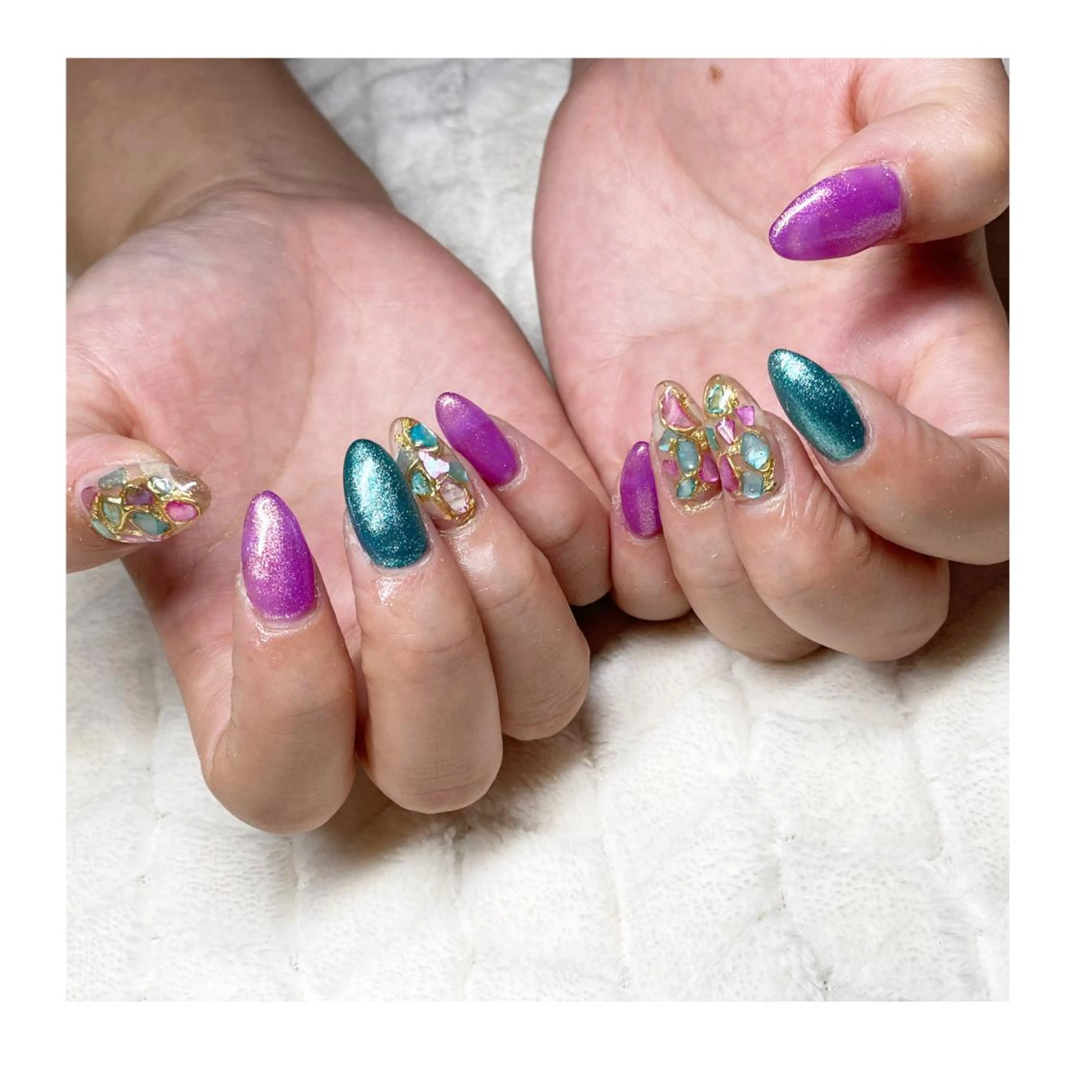 ネイル アートネイル ブルー ジェルネイル ゴールド ラメ(グリッター) ハンドネイル LaLa Peach 福岡のマツエク・マツパデザイン