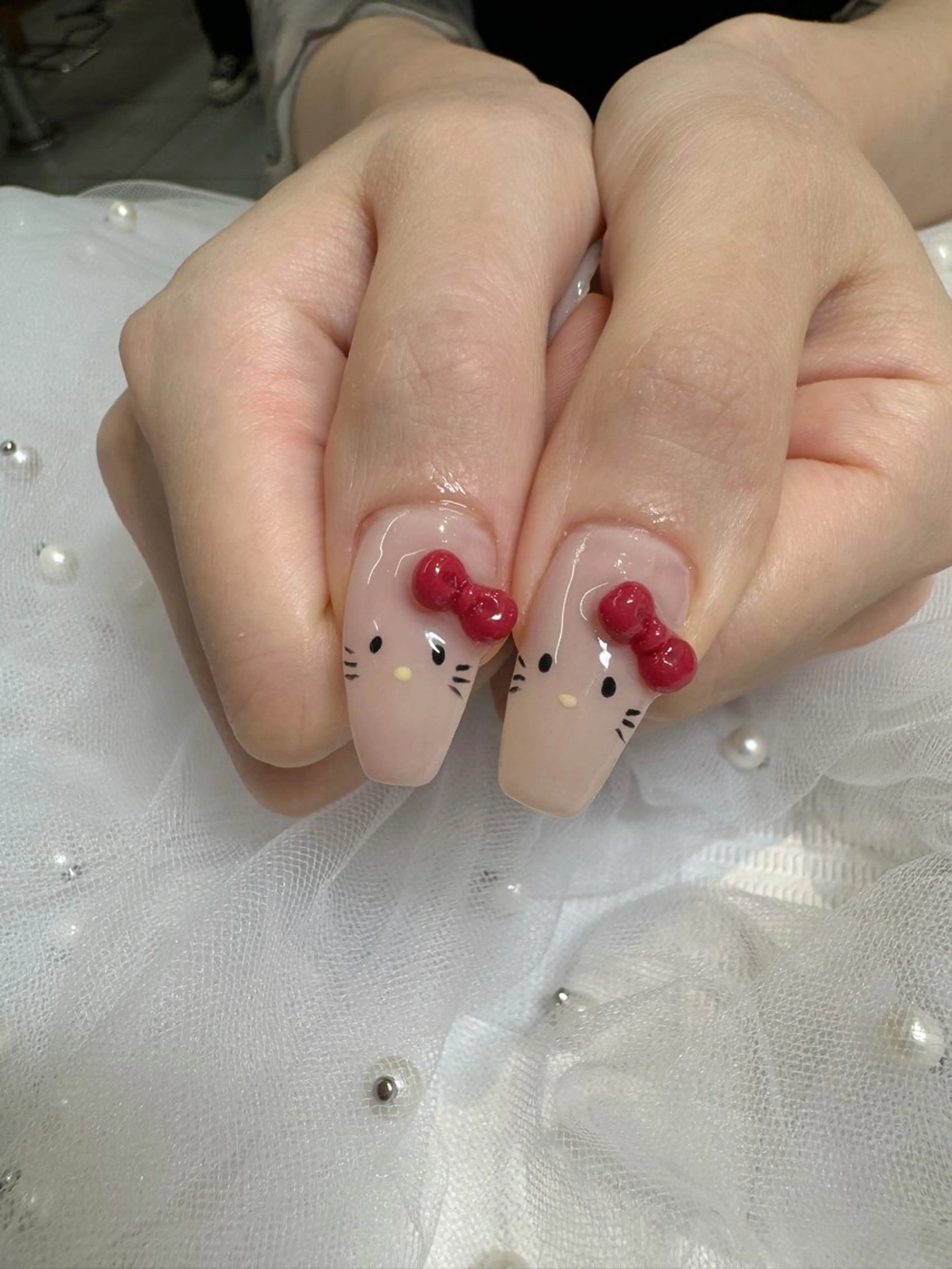 ネイル 赤色 リボン ハンドネイル ハンドケア Chizuru ☾ ໋のネイルデザイン