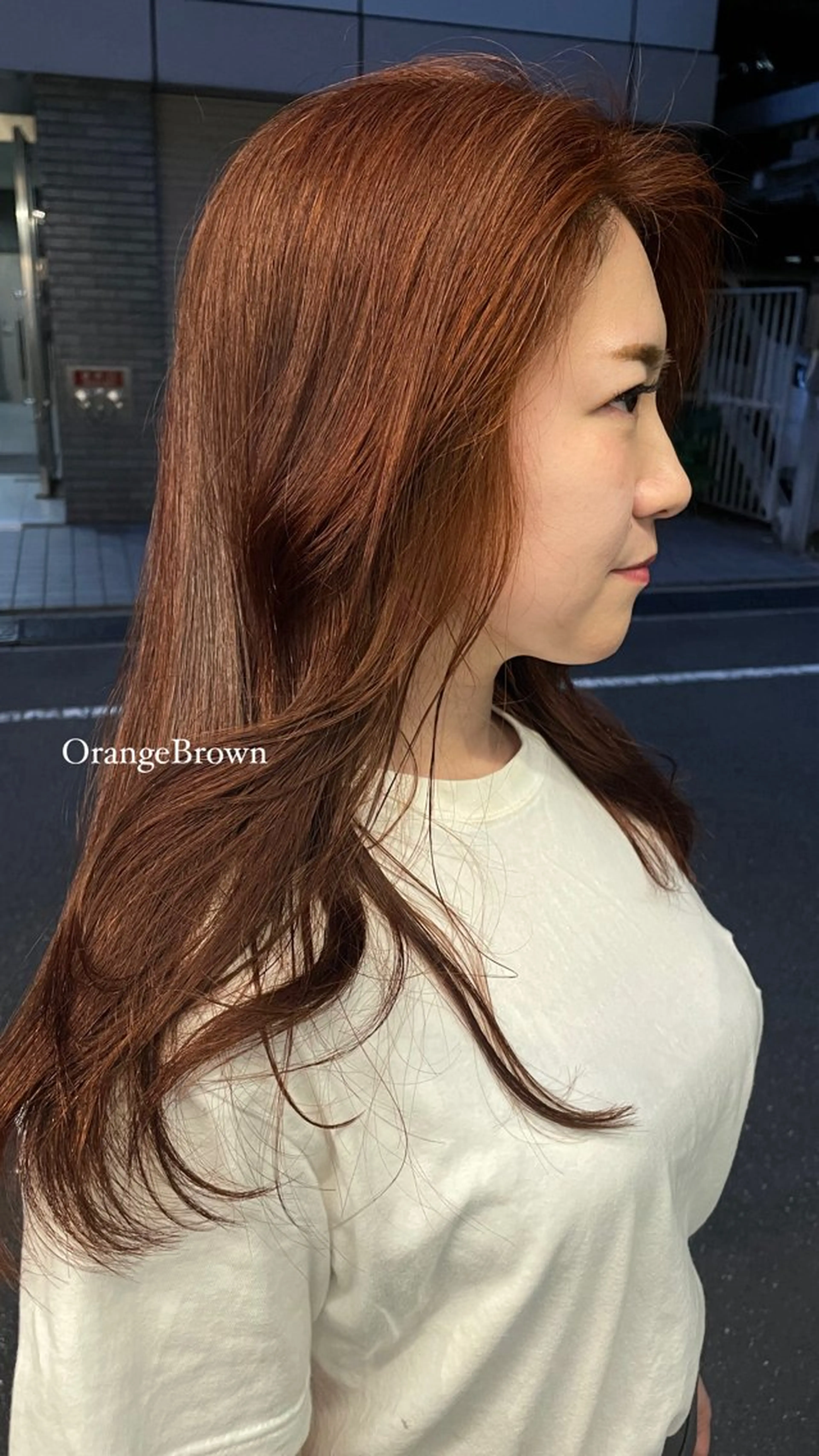 ロング カラー ブラウンカラー オレンジ オレンジブラウン カット ヘアカラー パーマ、ボブ、透明感 カラー、小須田ゆあのヘアスタイル