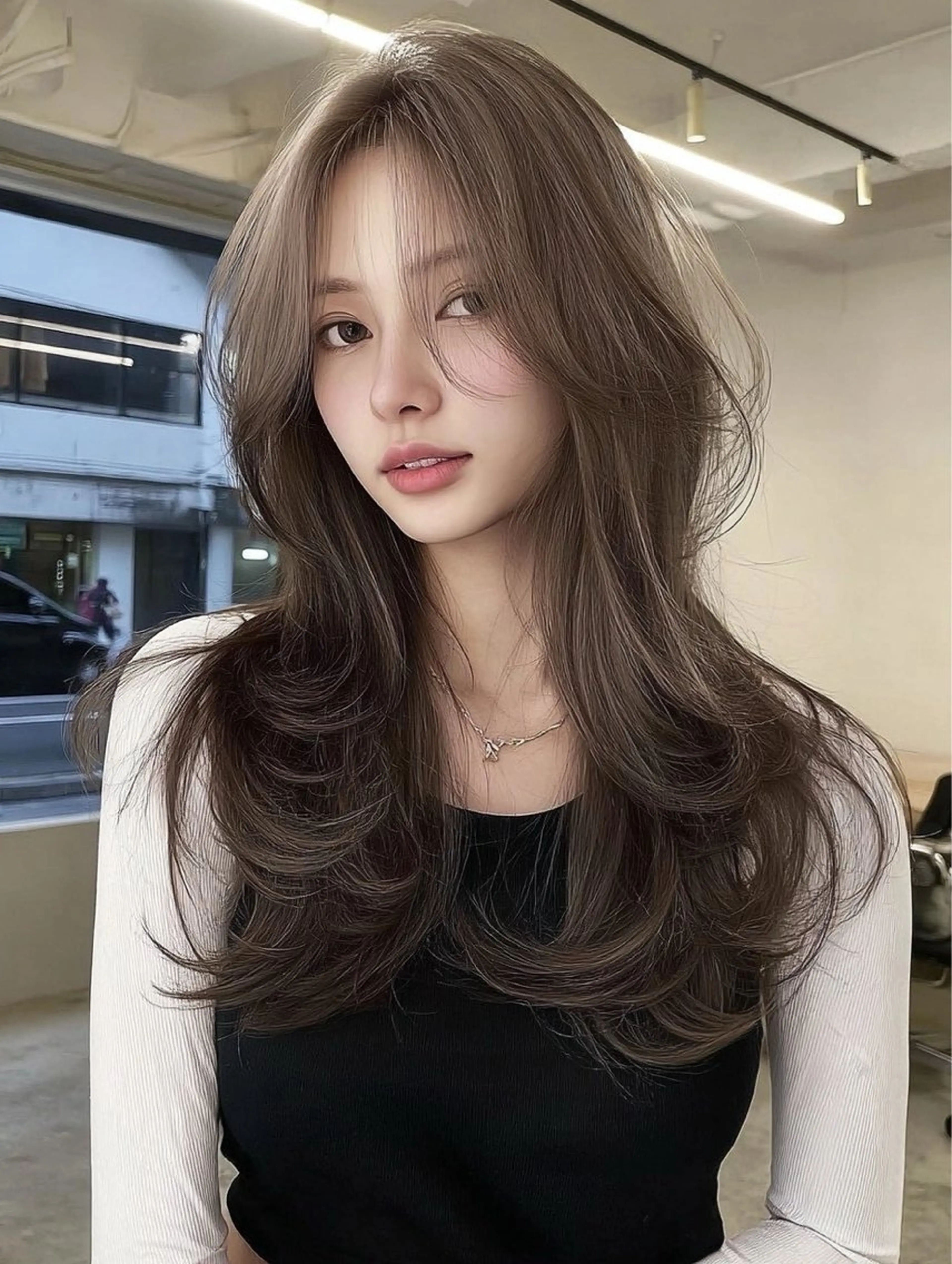 セミロング カラー くびれヘア 韓国風ヘア レイヤーカット カット ヘアカラー 塩入ひろの、韓国ヘア 梅田/束感まつ毛のヘアスタイル