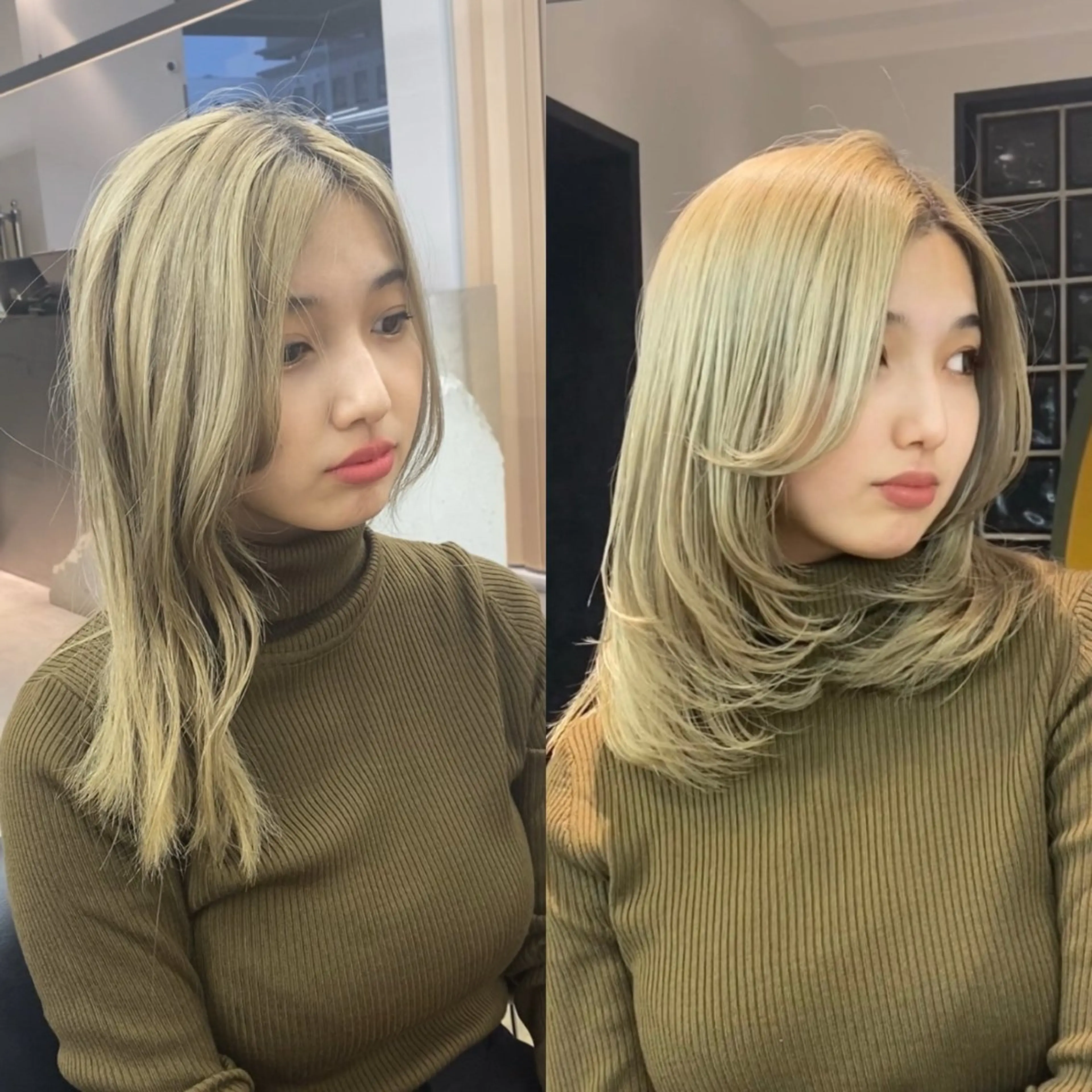 セミロング カラー レイヤーカット ボブ縮毛矯正 韓国レイヤーRINAのヘアスタイル