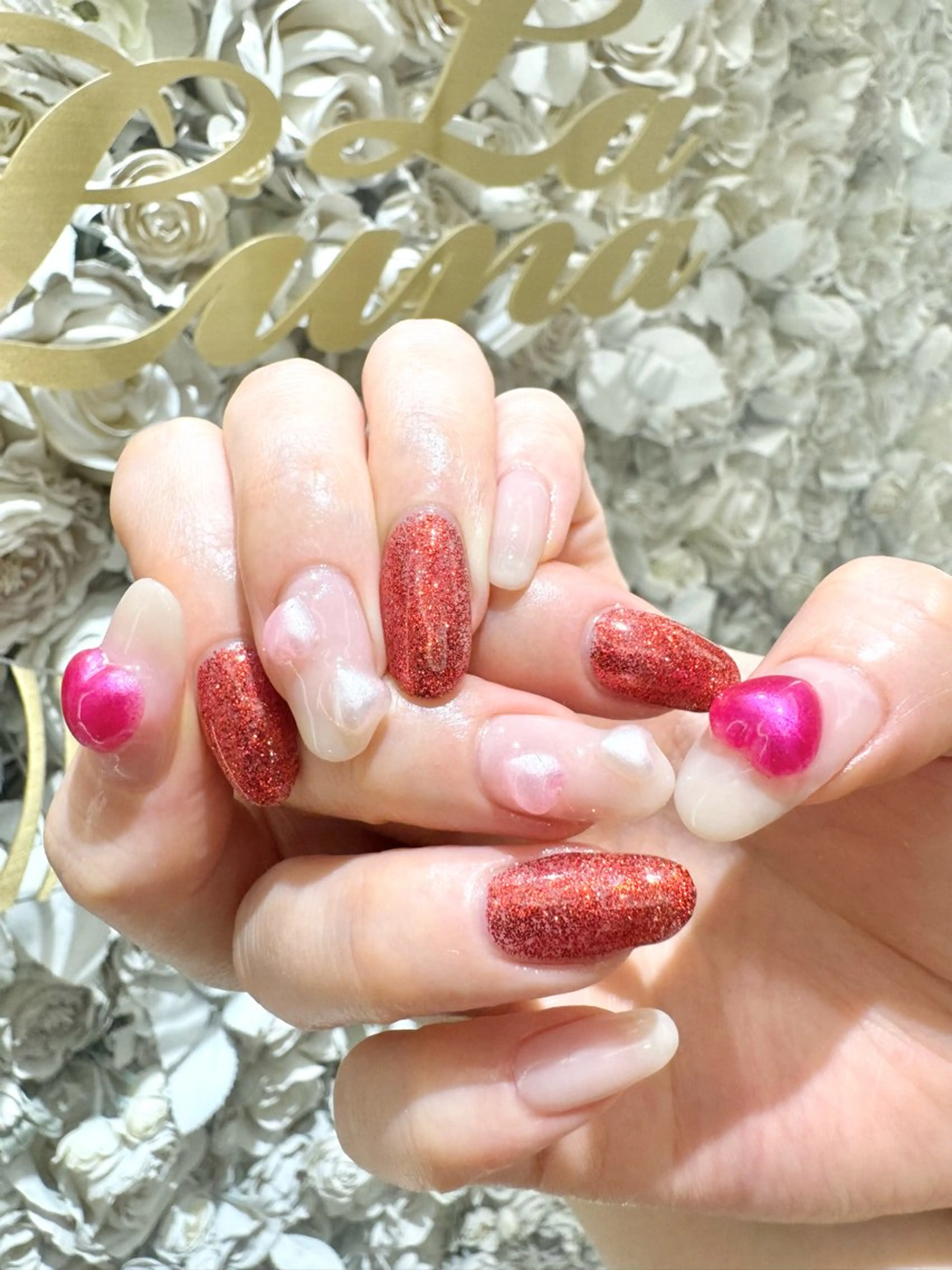 ネイル ハート ラメ(グリッター) ハンドネイル La Luna アヤカのネイルデザイン