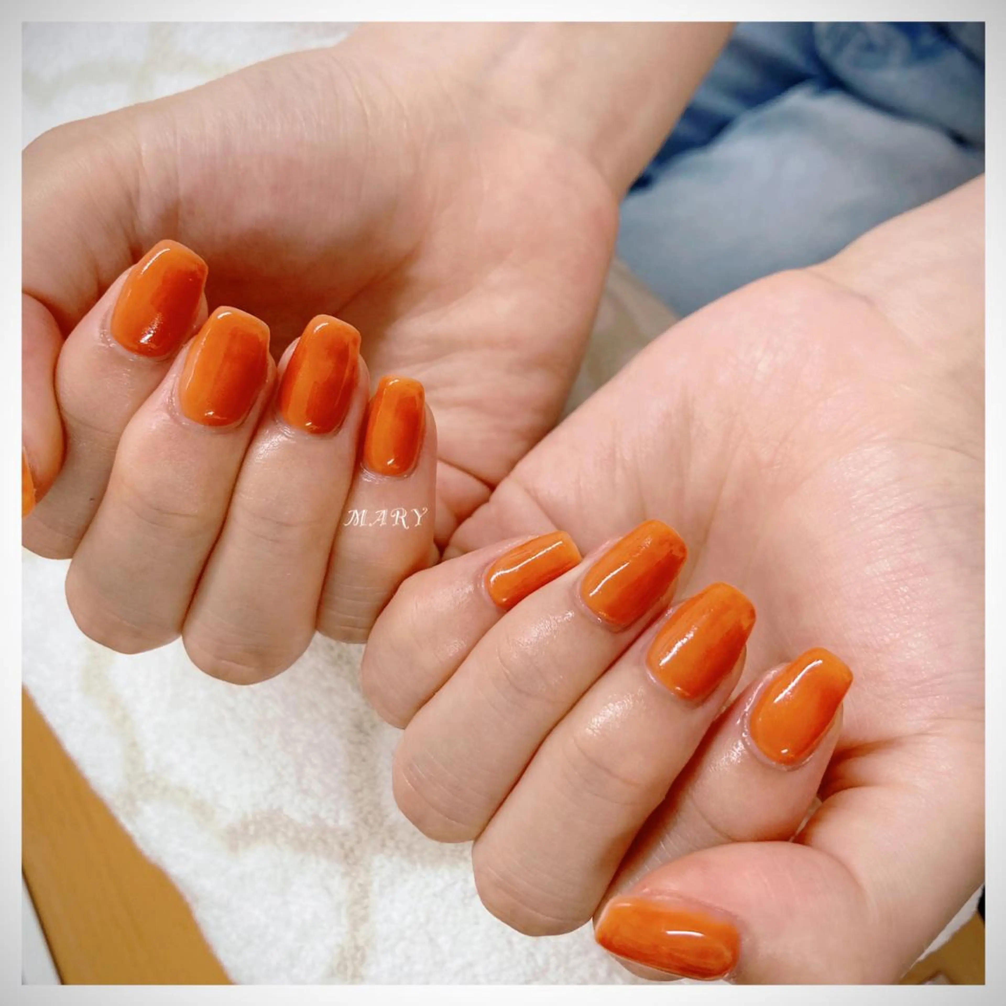 ネイル ニュアンスネイル ワンカラーネイル オレンジ シンプルネイル スクエアネイル ハンドネイル Mary nail所属・Mary nail .narumiのネイルデザイン