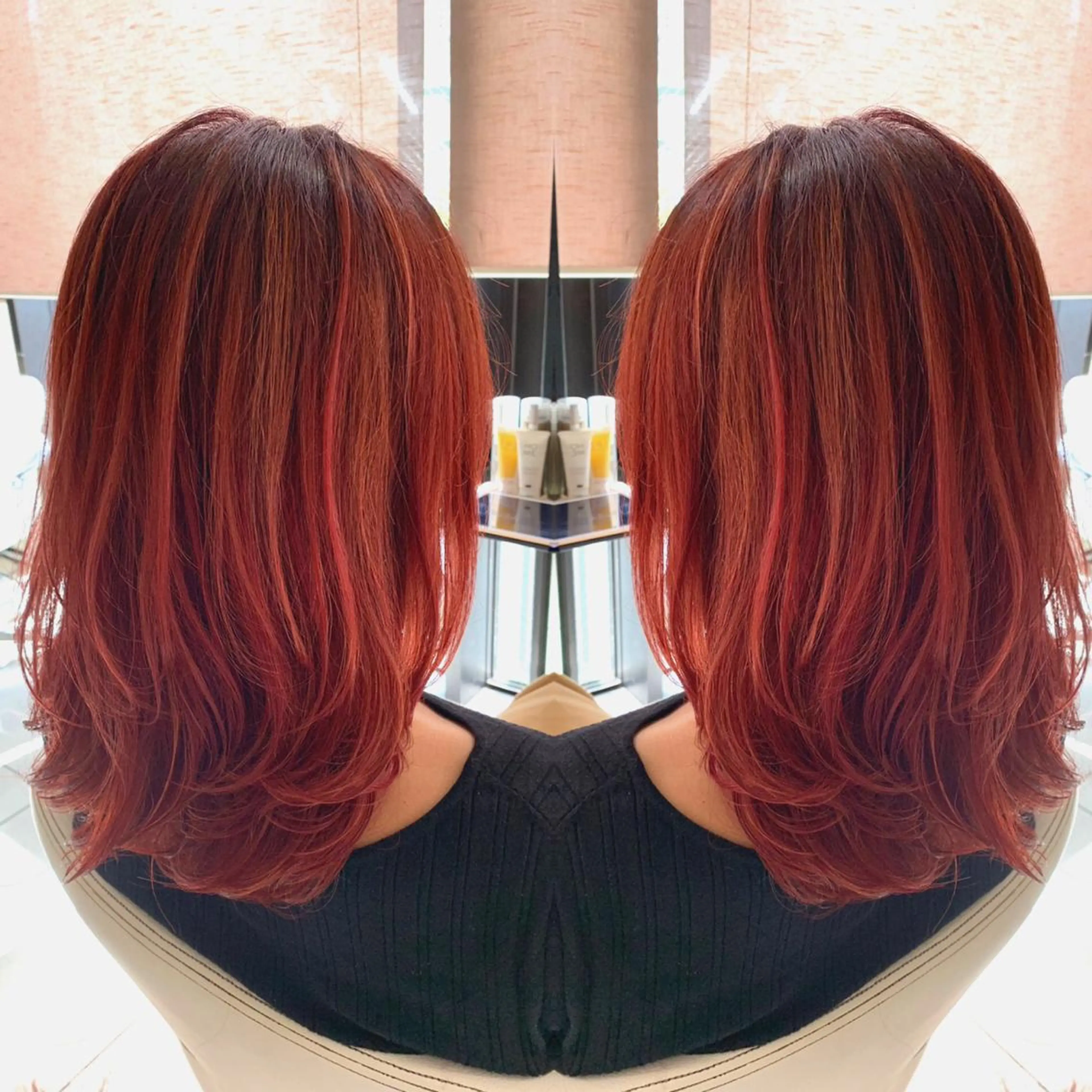 セミロング カラー ヘアアレンジ ブリーチ ケアブリーチ レッドカラー Merci メルシー 福岡、今泉のヘアスタイル