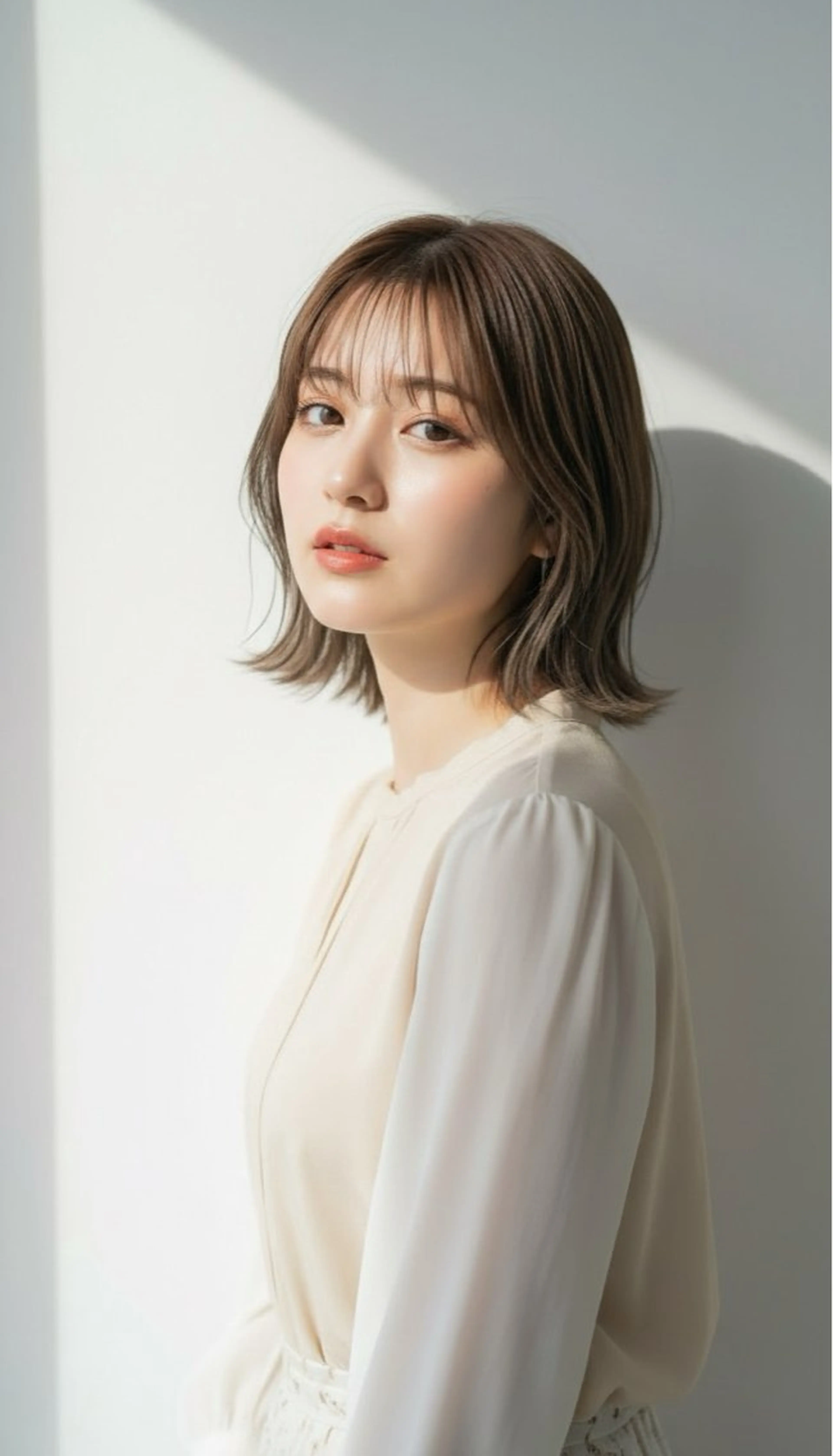 ミディアム ボブ シースルーバング 外ハネヘア カット ヘアカラー トリートメント 石沢 知康のヘアスタイル